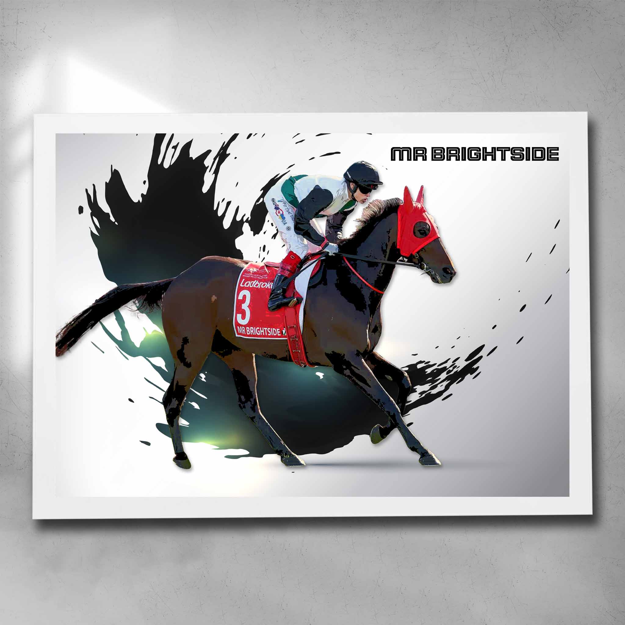 White framed Horseracing Art by Sports Cave featuring Mr Brightside from the Ben & JD Hayes stable.