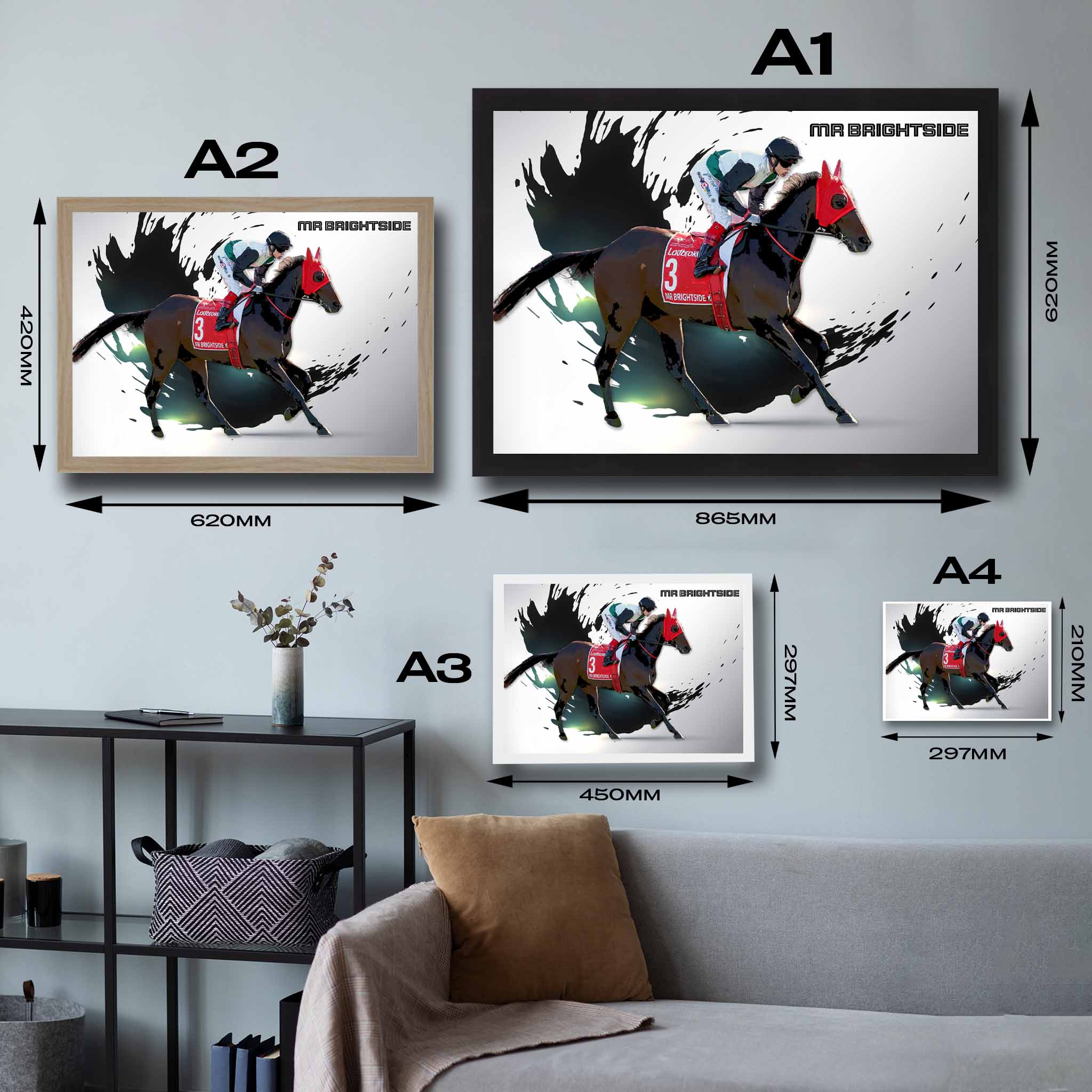 Visual representation of Mr Brightside framed art size options, ranging from A4 to A2, for selecting the right size for your space.