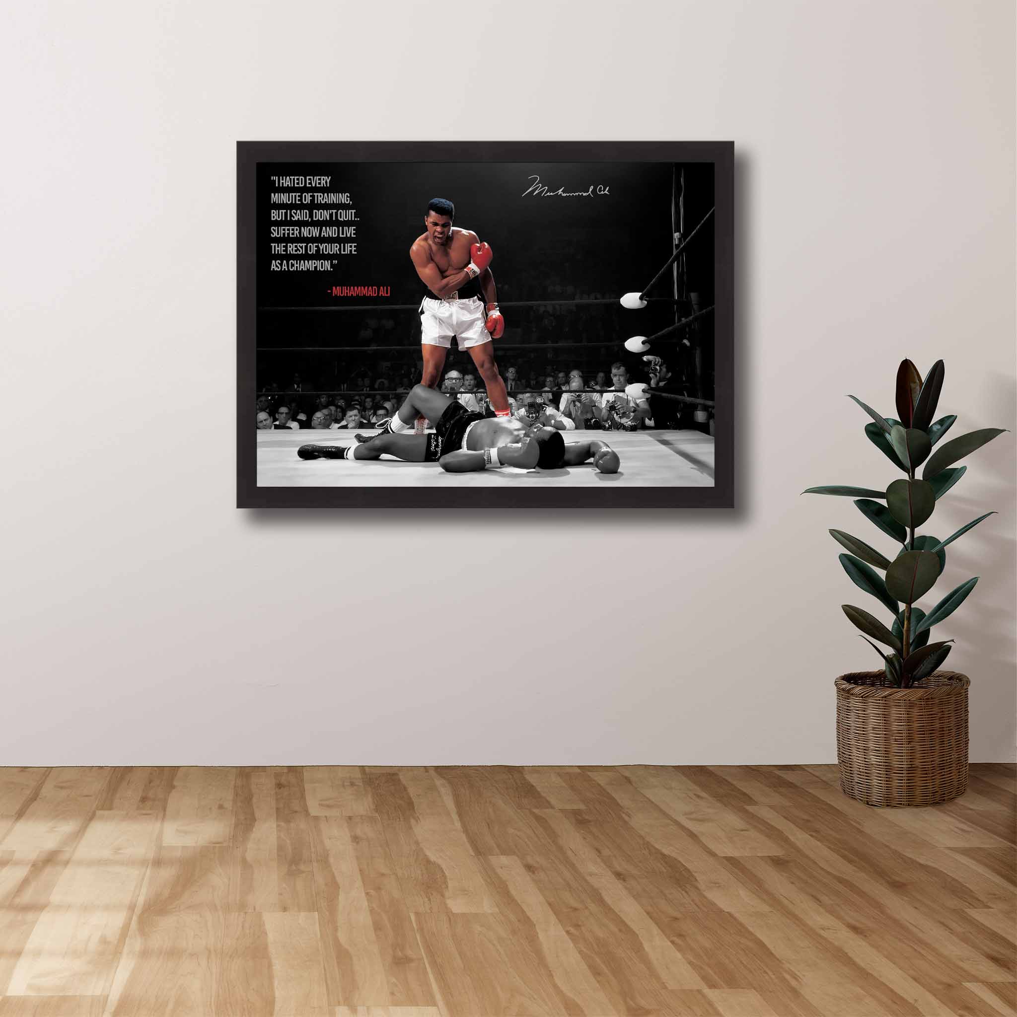 Devoted boxing fan's tribute: Muhammad Ali framed art proudly displayed on the wall.