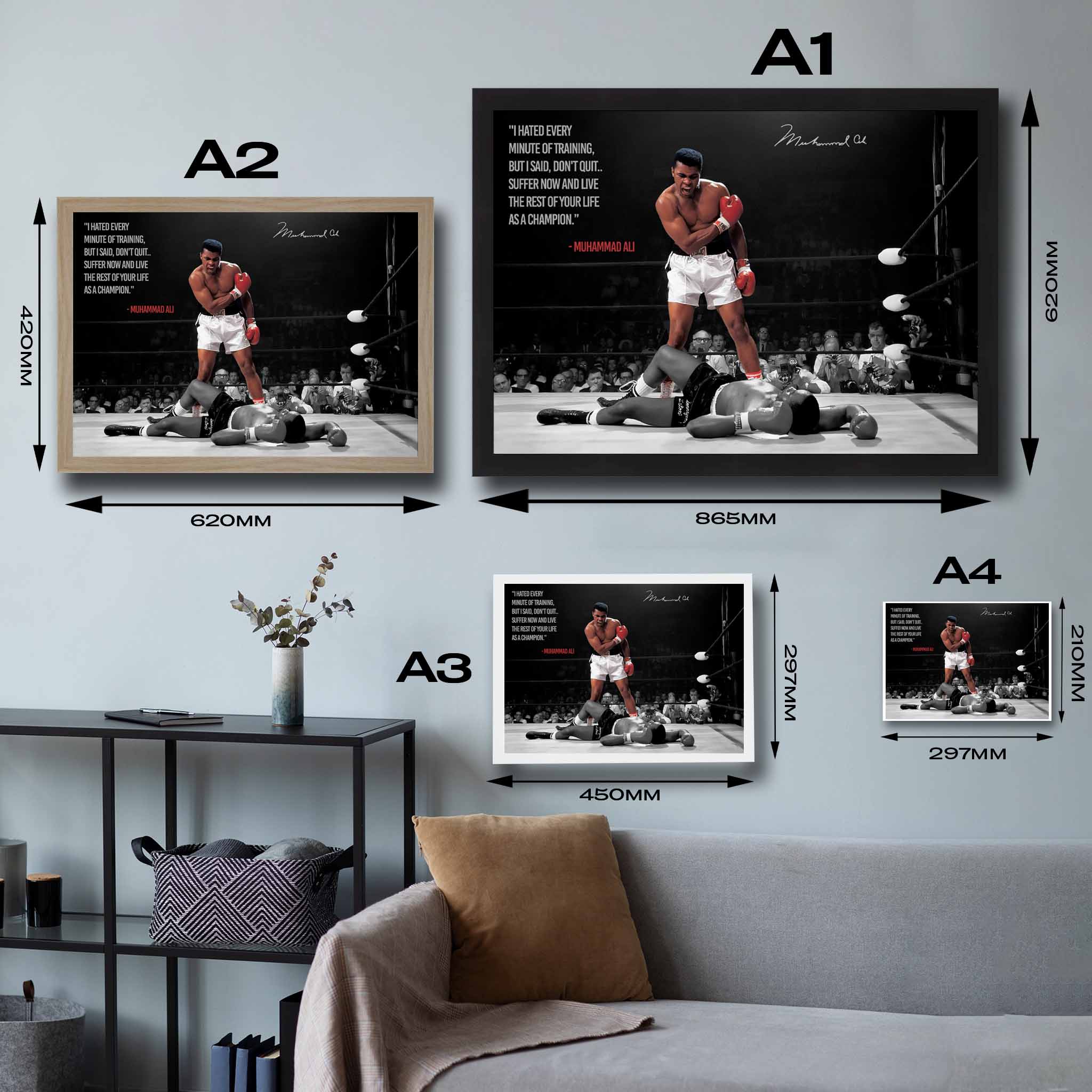 Visual representation of Muhammad Ali Motivational framed art size options, ranging from A4 to A2, for selecting the right size for your space.