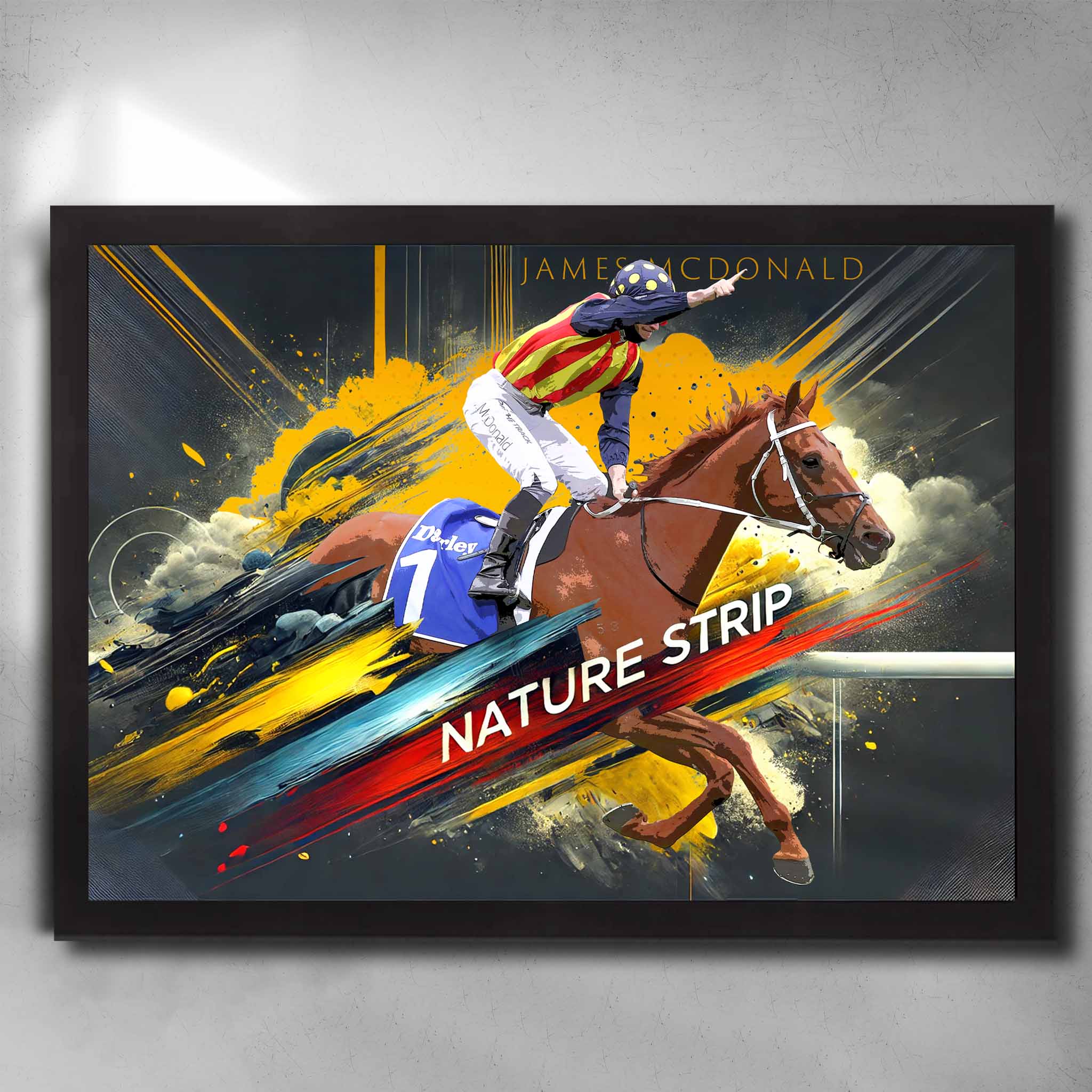 Black framed horse racing art by Sports Cave, featuring the Chris Waller trained racehorse Nature Strip.