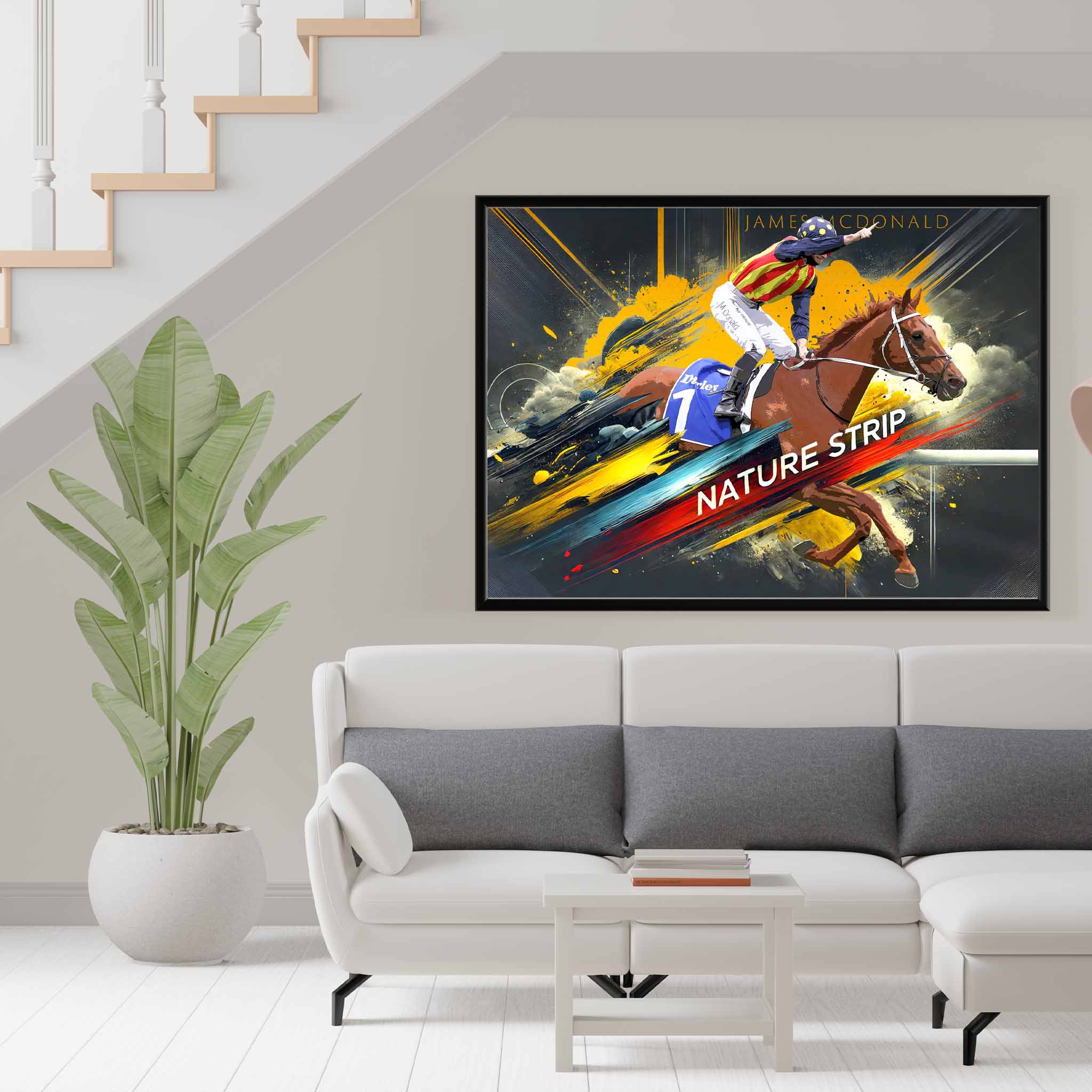 Devoted Horse Racing fan's tribute: Nature Strip framed art proudly displayed on the wall.