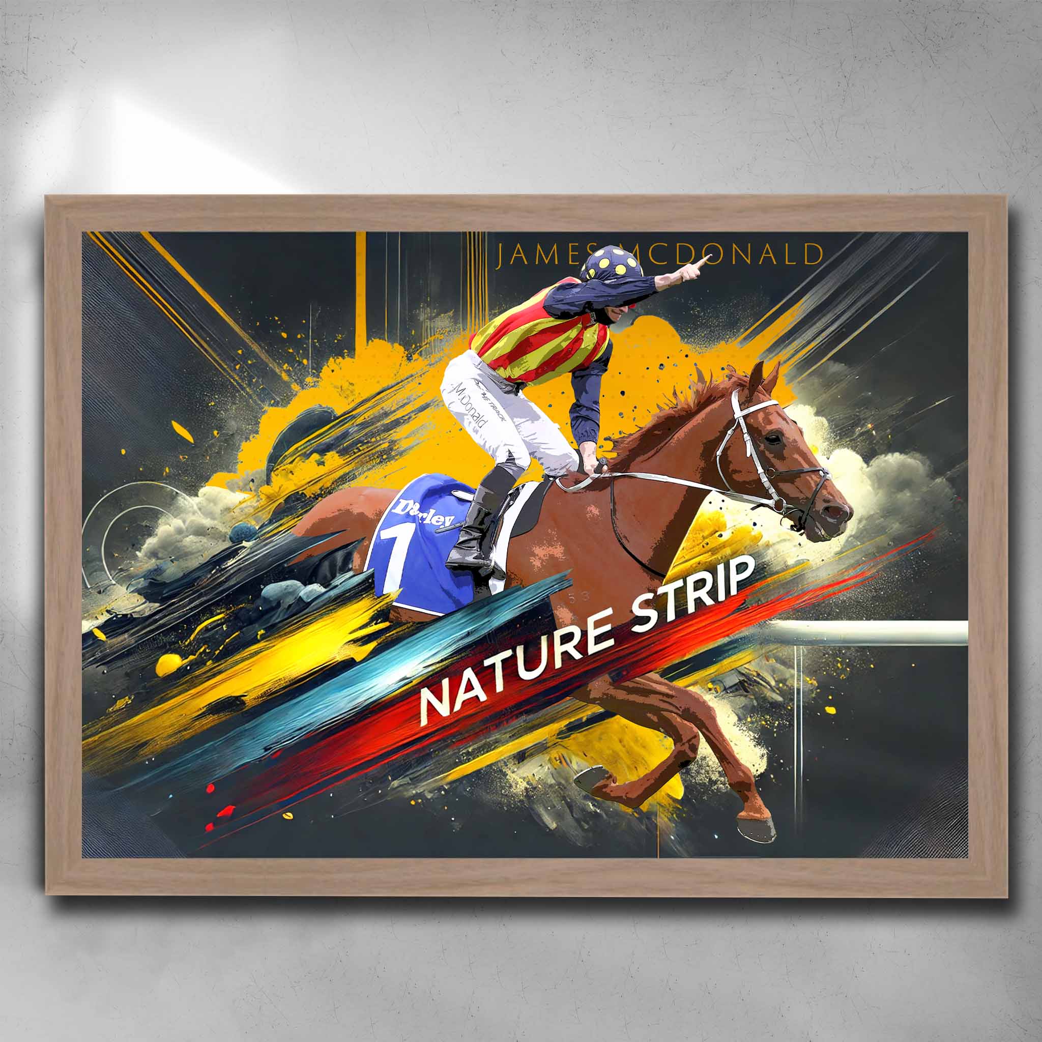 Oak framed horse racing art by Sports Cave, featuring the Chris Waller trained racehorse Nature Strip.