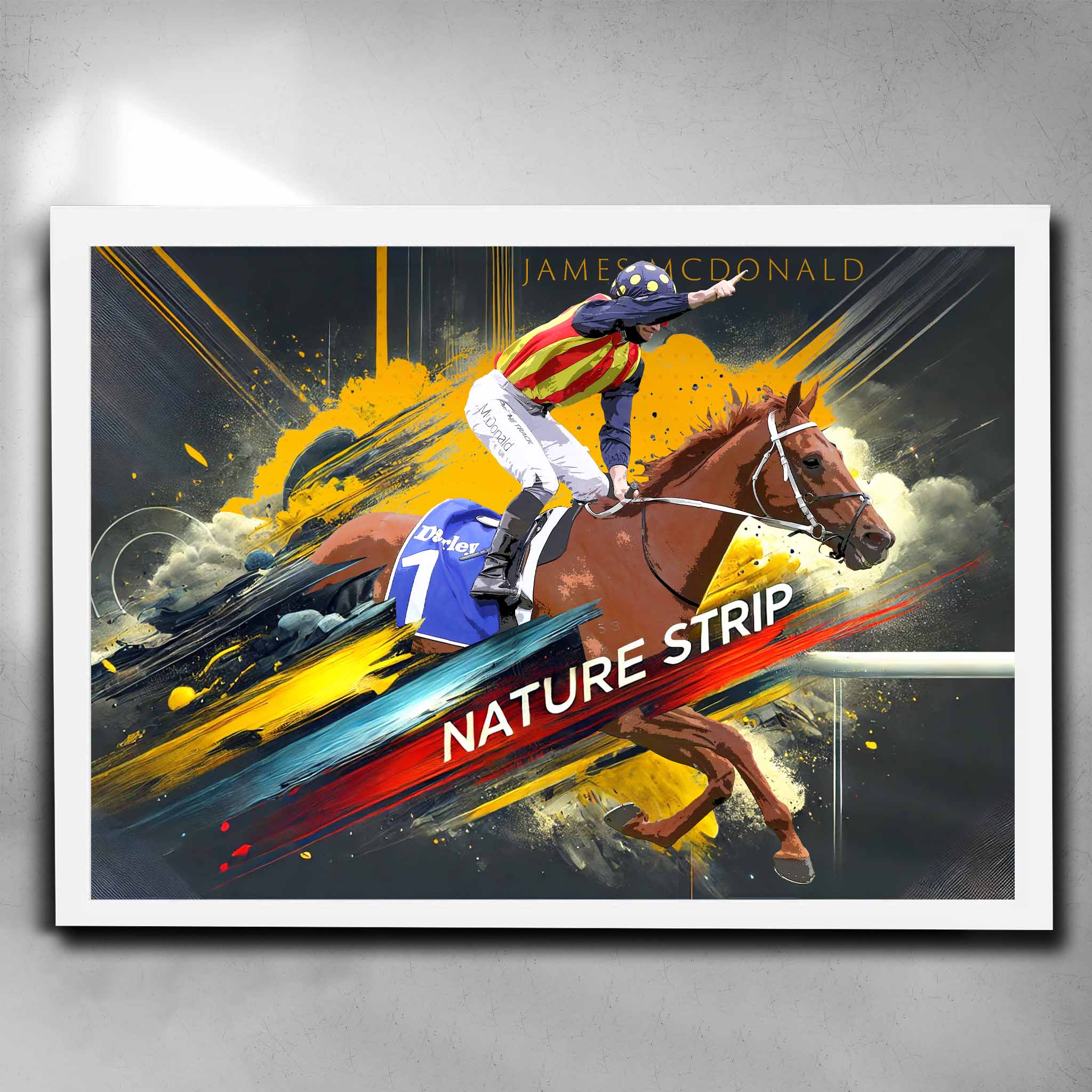 White framed horse racing art by Sports Cave, featuring the Chris Waller trained racehorse Nature Strip.