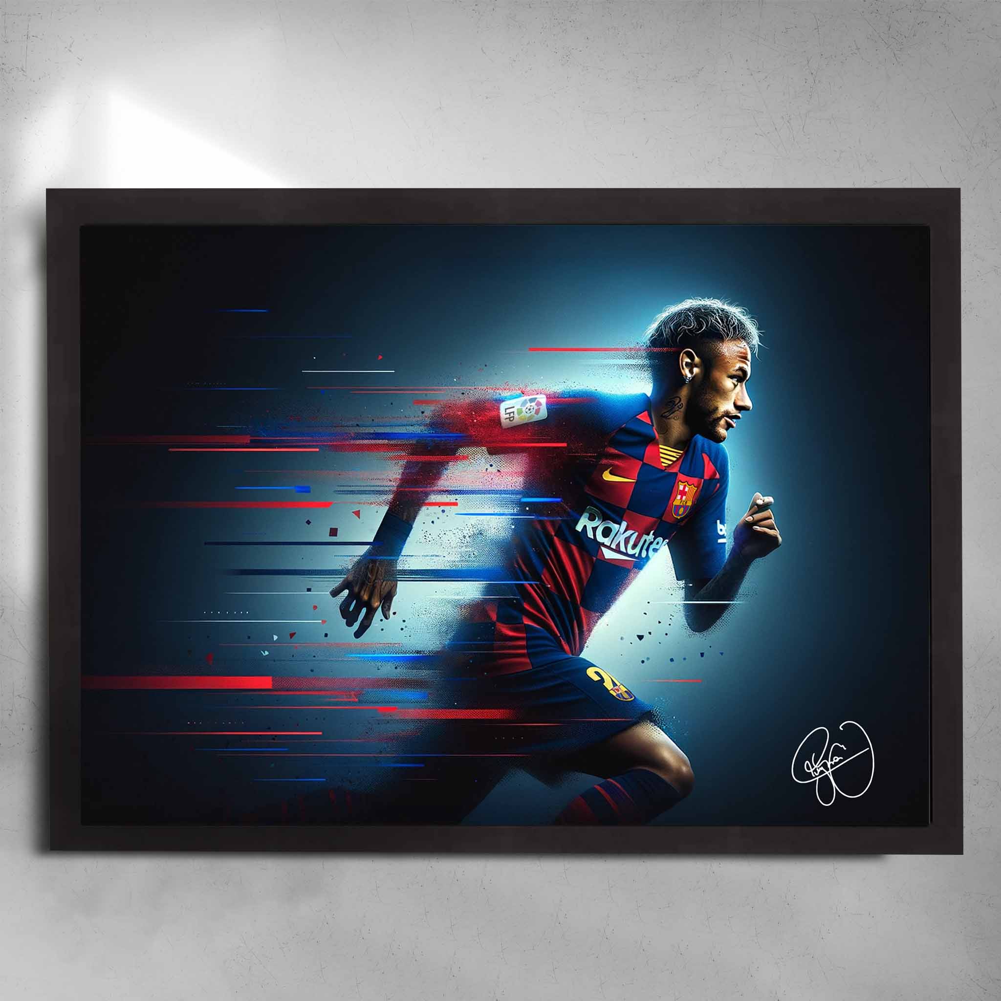 Black framed soccer art by Sports cave, featuring Neymar Jr playing for Barcelona FC.