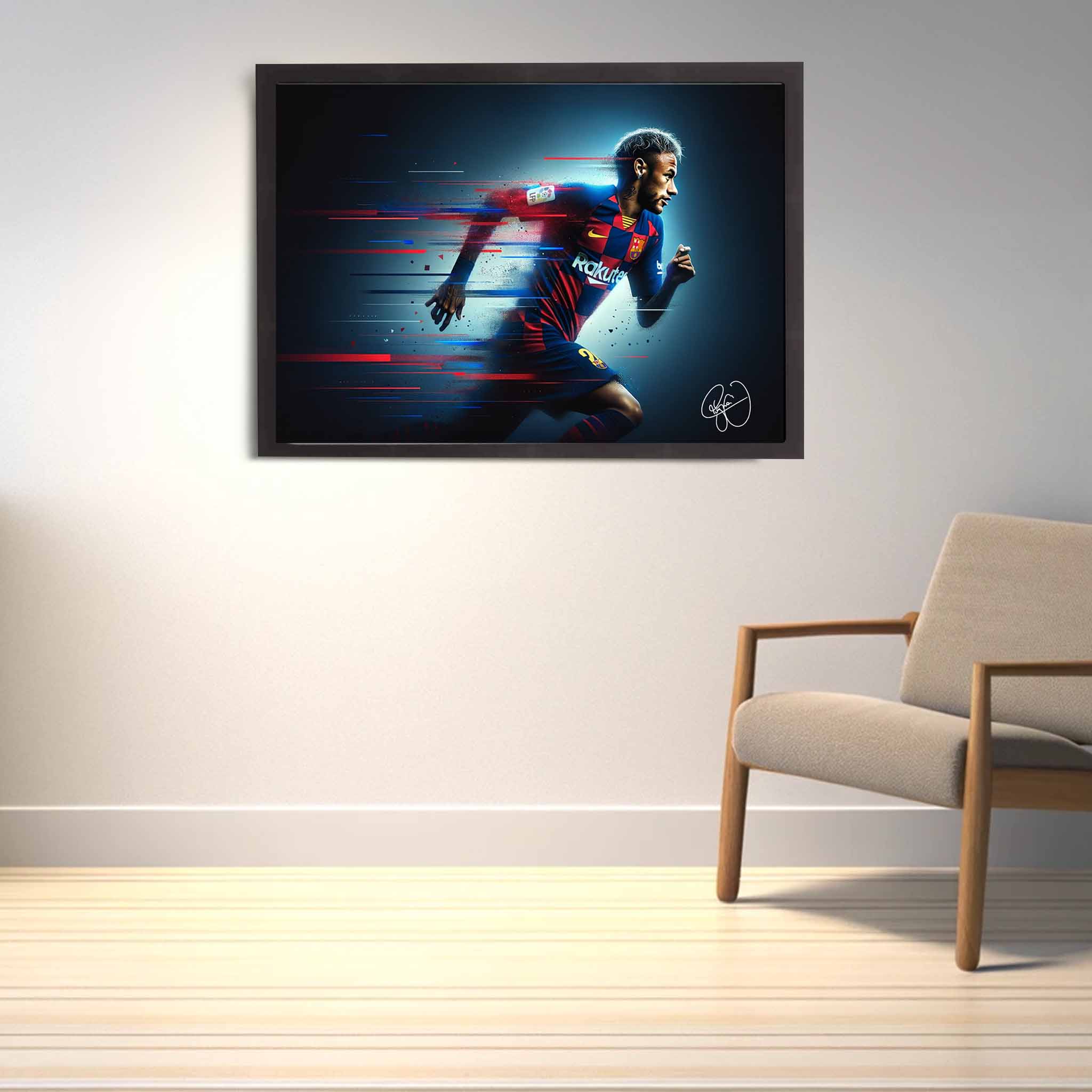 Devoted soccer fan's tribute: Neymar Jr framed art proudly displayed on the wall.