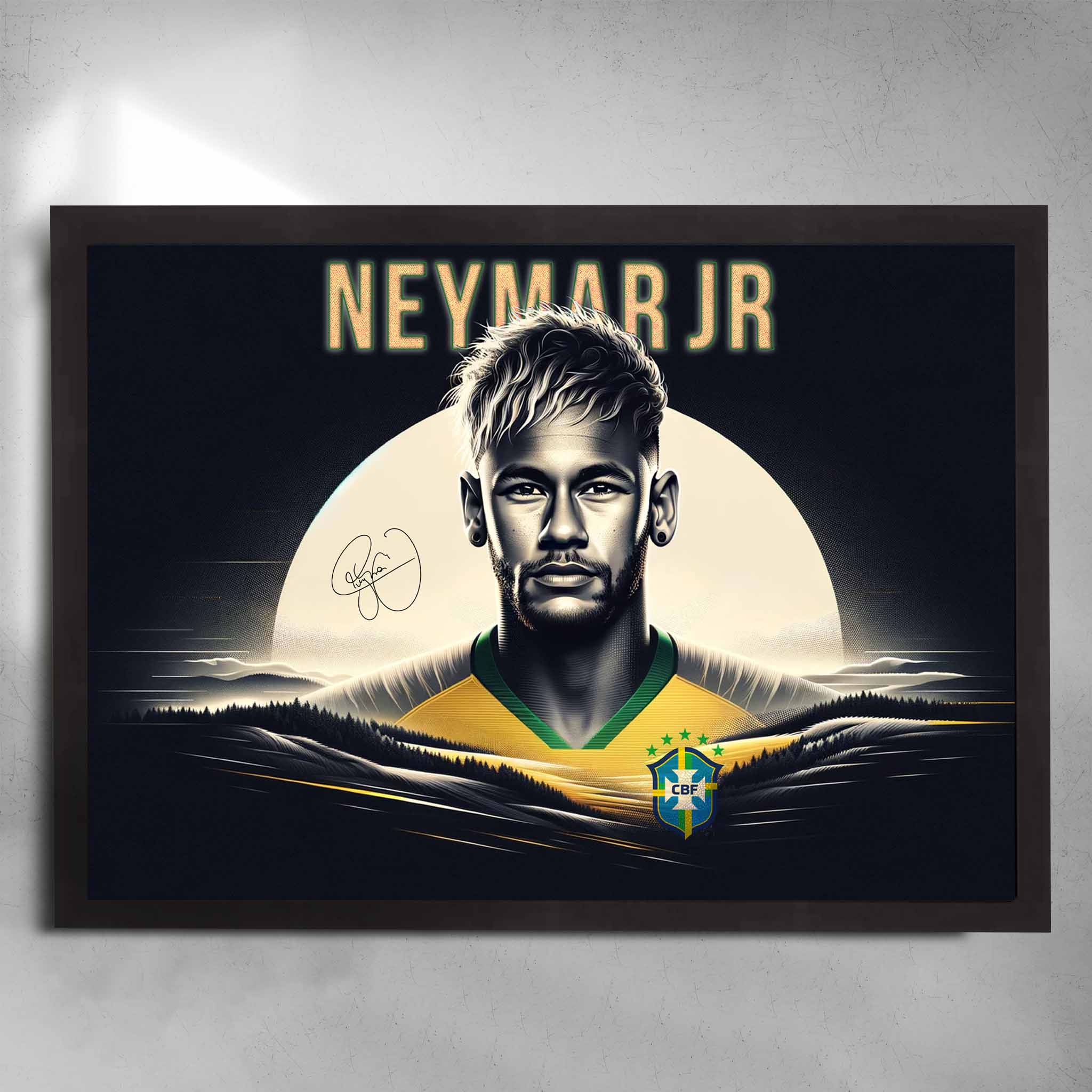 Black framed soccer art featuring Neymar Jr from Brazil Football club signed artwork by Sports Cave.