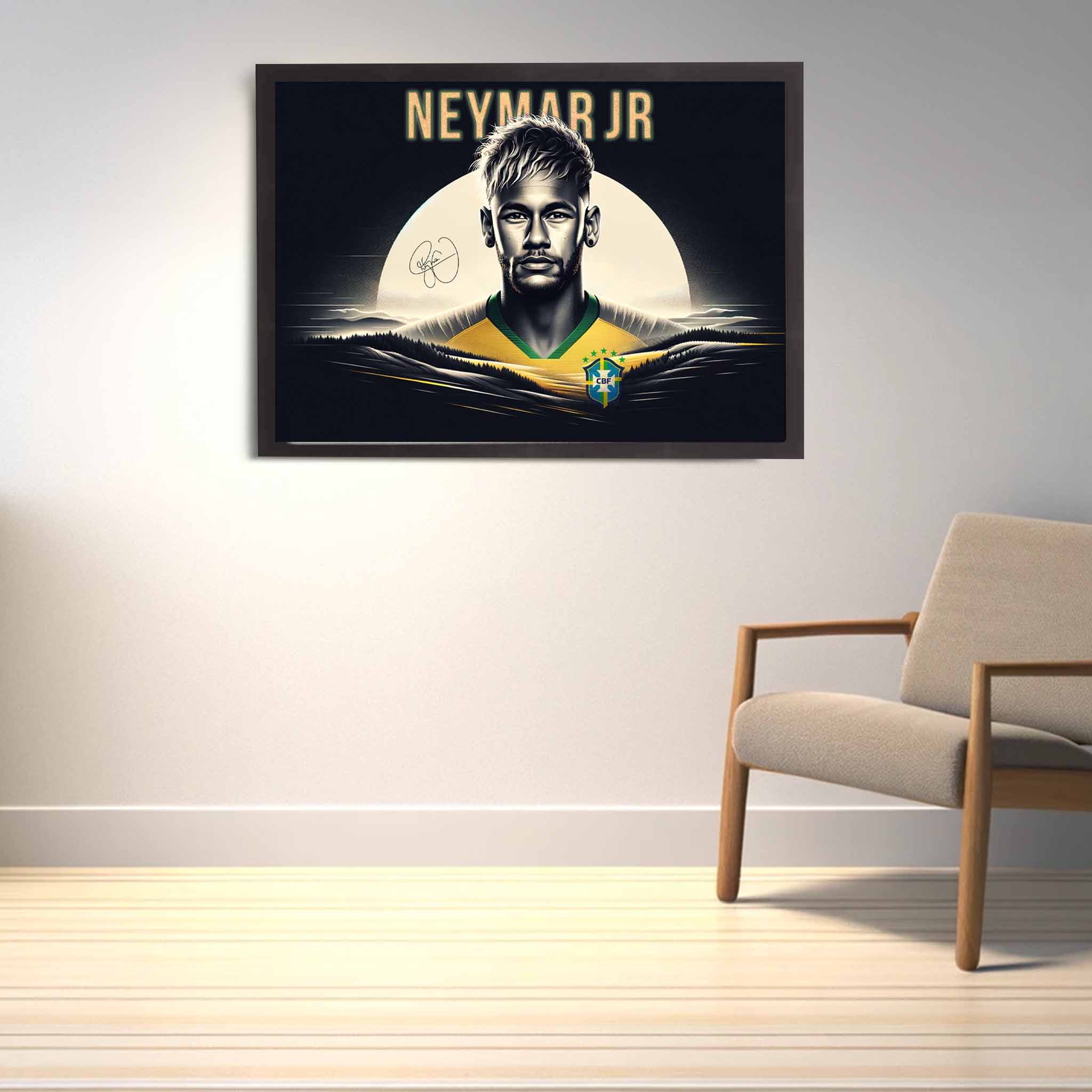 Neymar Jr fan with a framed print of the Brazilian superstar displayed as home decor.