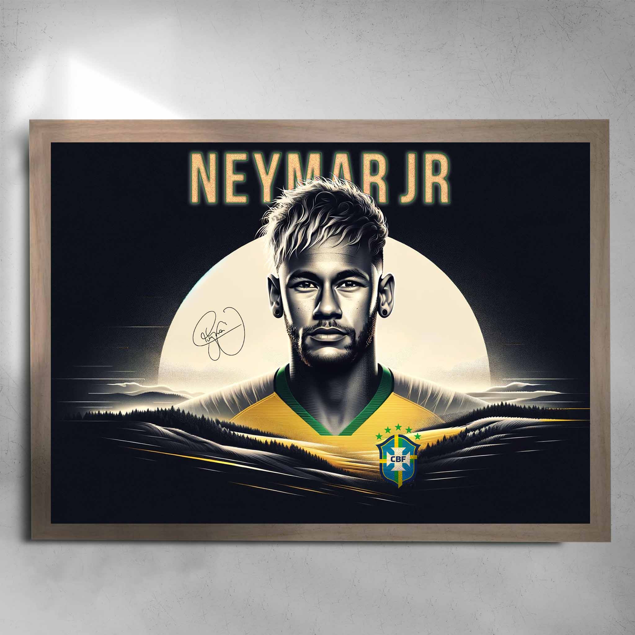 Oak framed soccer art featuring Neymar Jr from Brazil Football club signed artwork by Sports Cave.