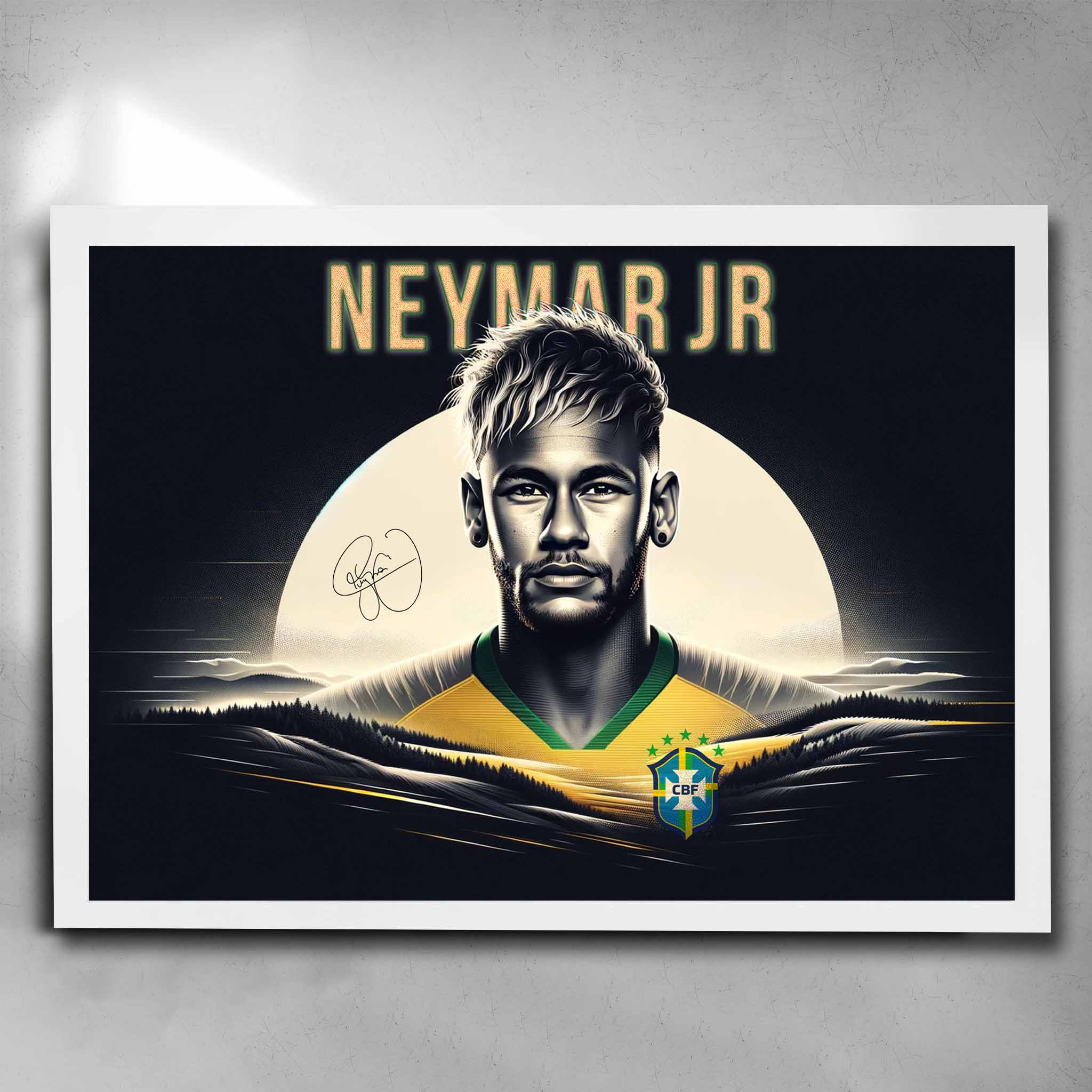 White framed soccer art featuring Neymar Jr from Brazil Football club signed artwork by Sports Cave.