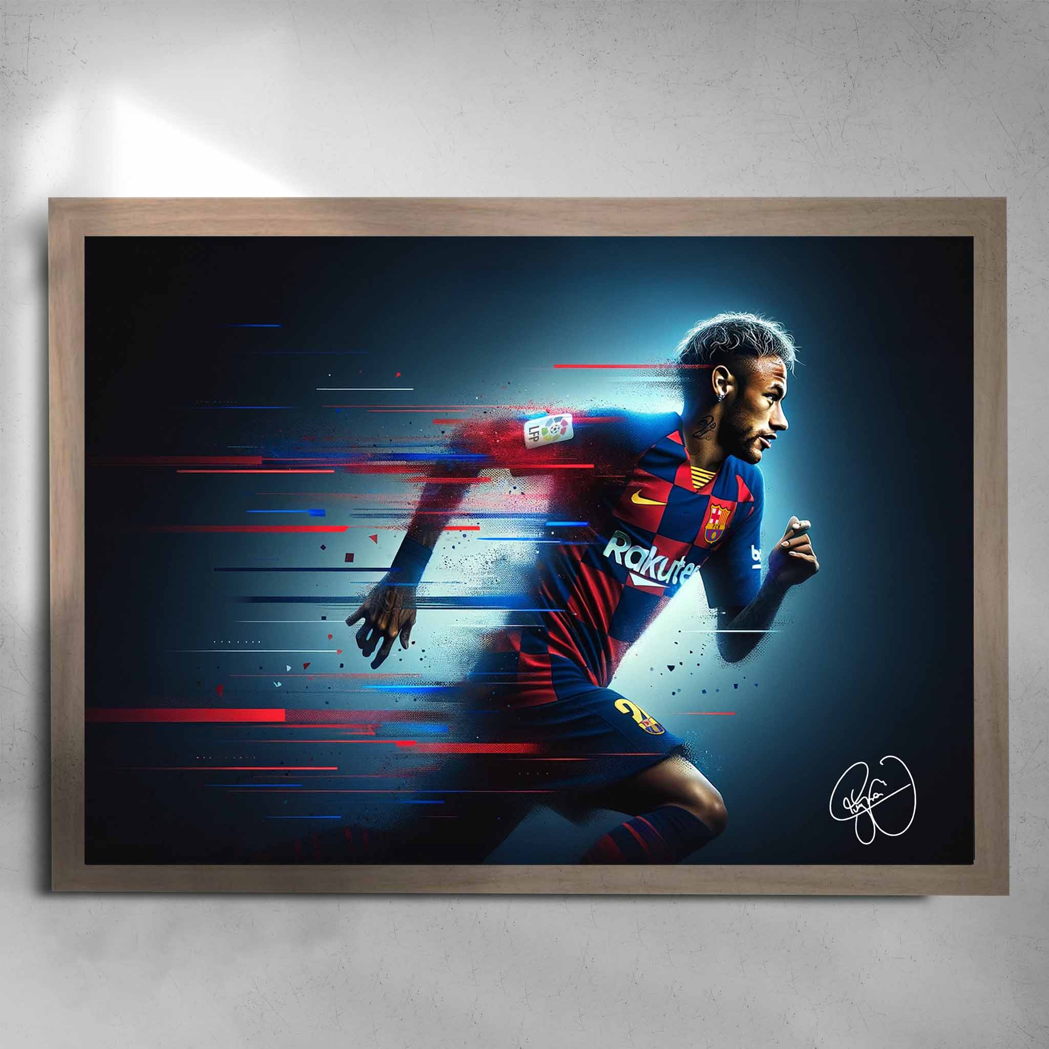 Oak framed soccer art by Sports cave, featuring Neymar Jr playing for Barcelona FC.