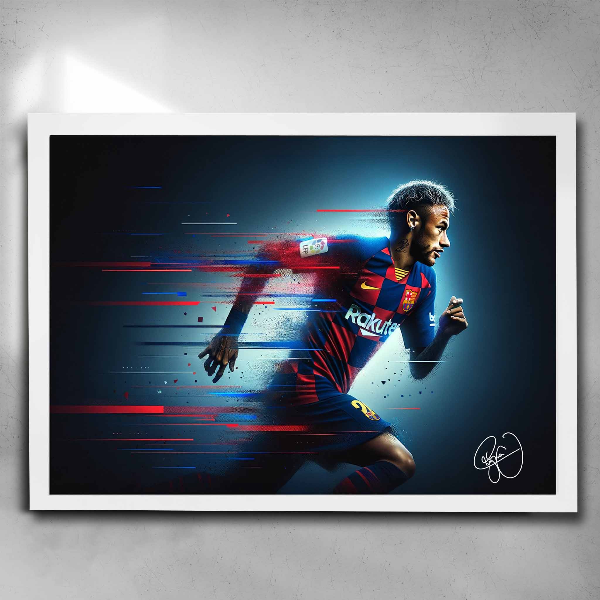 White framed soccer art by Sports cave, featuring Neymar Jr playing for Barcelona FC.