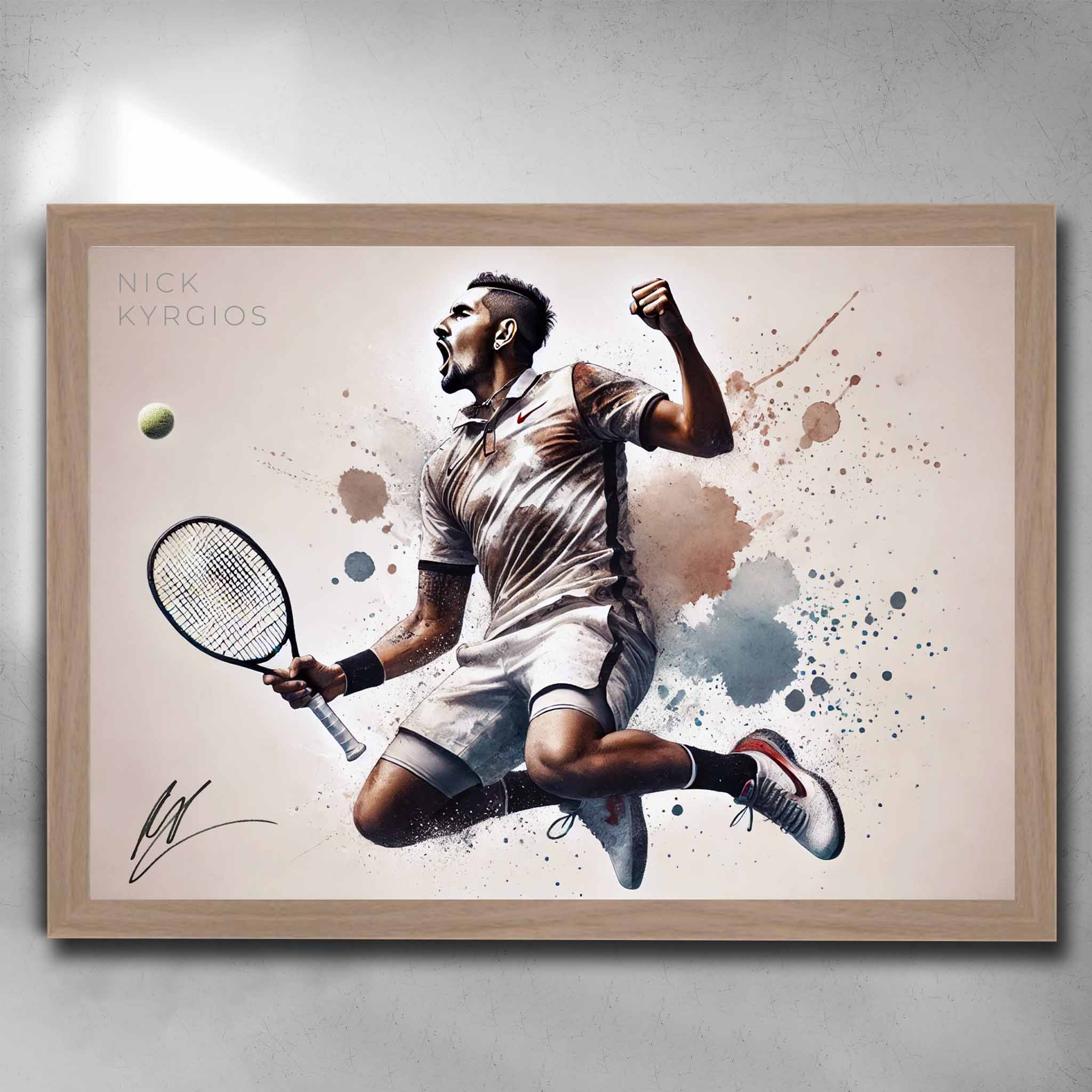 Oak framed tennis art by Sports Cave, featuring Australian tennis star Nick Kyrgios.