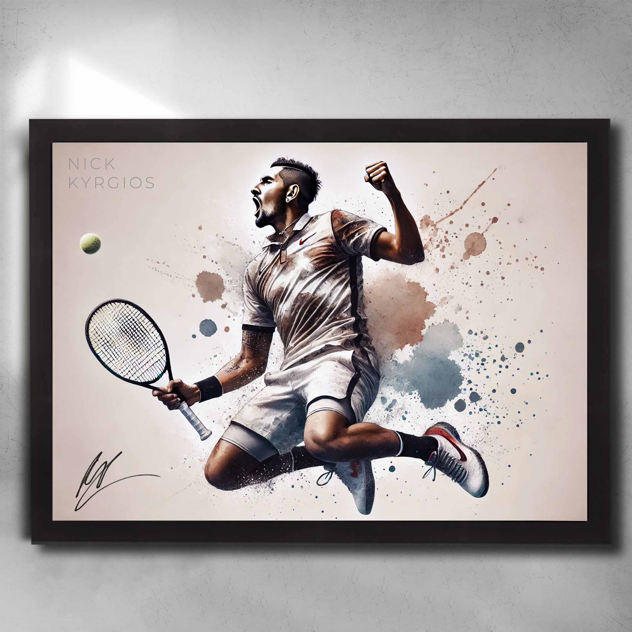 Black framed tennis art by Sports Cave, featuring Australian tennis star Nick Kyrgios.