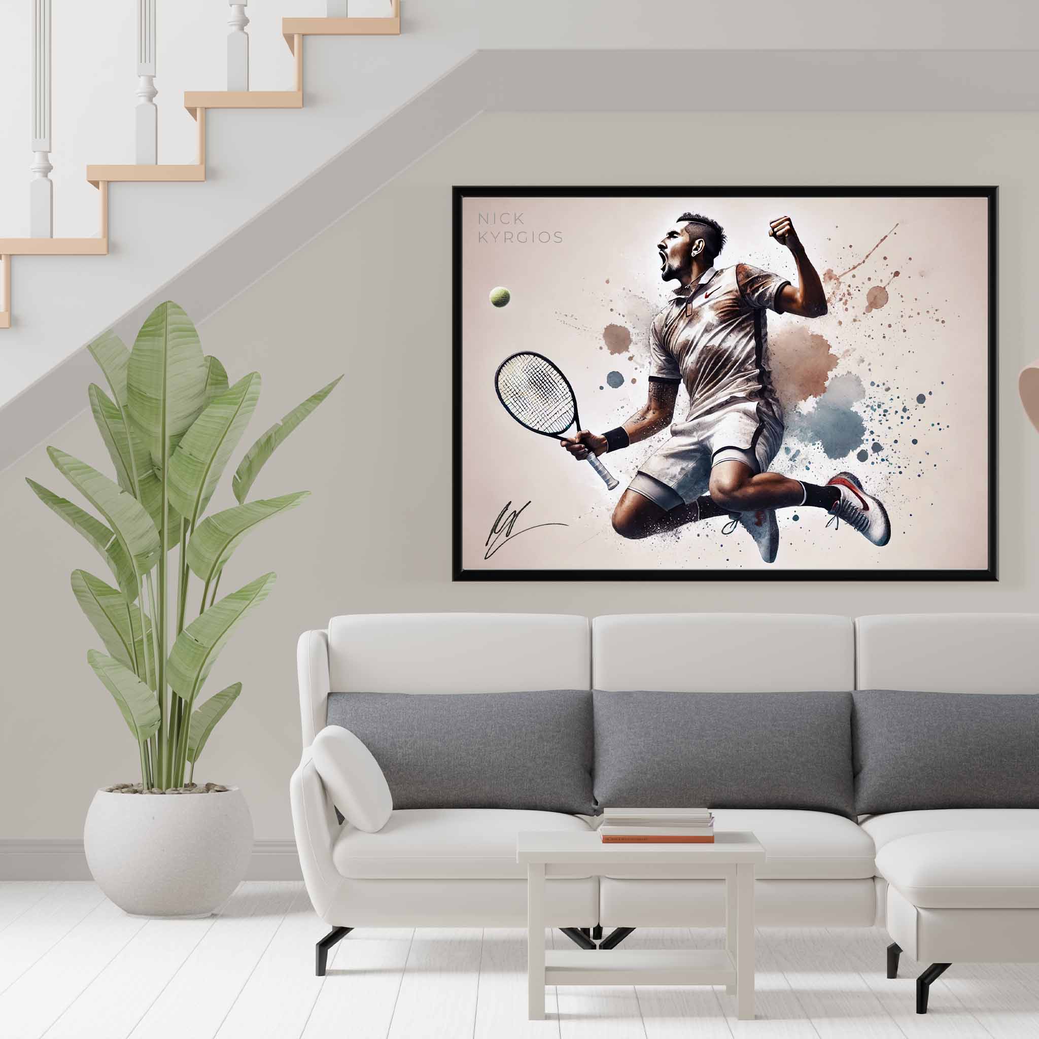 Devoted Tennis fan's tribute: Nick Kyrgios framed art proudly displayed on the wall.