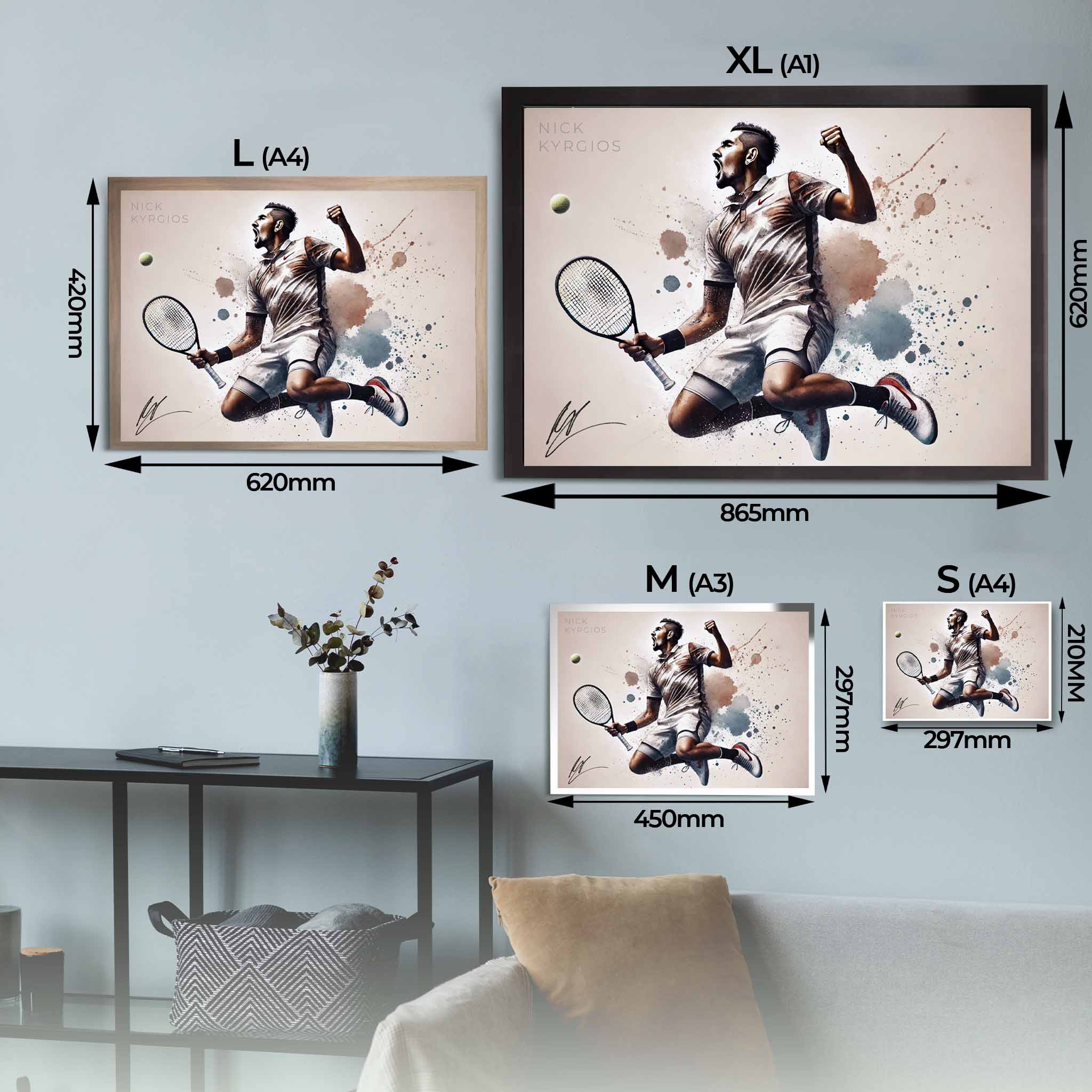 Nick Kyrgios Framed Wall Art Sizing Guide.