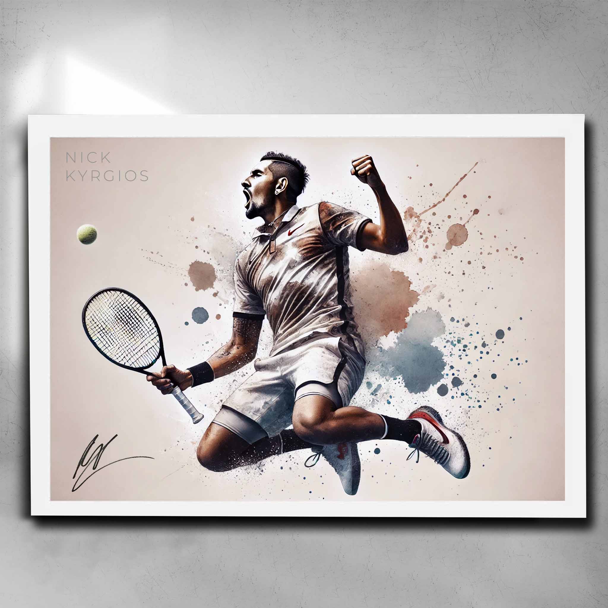 White framed tennis art by Sports Cave, featuring Australian tennis star Nick Kyrgios.