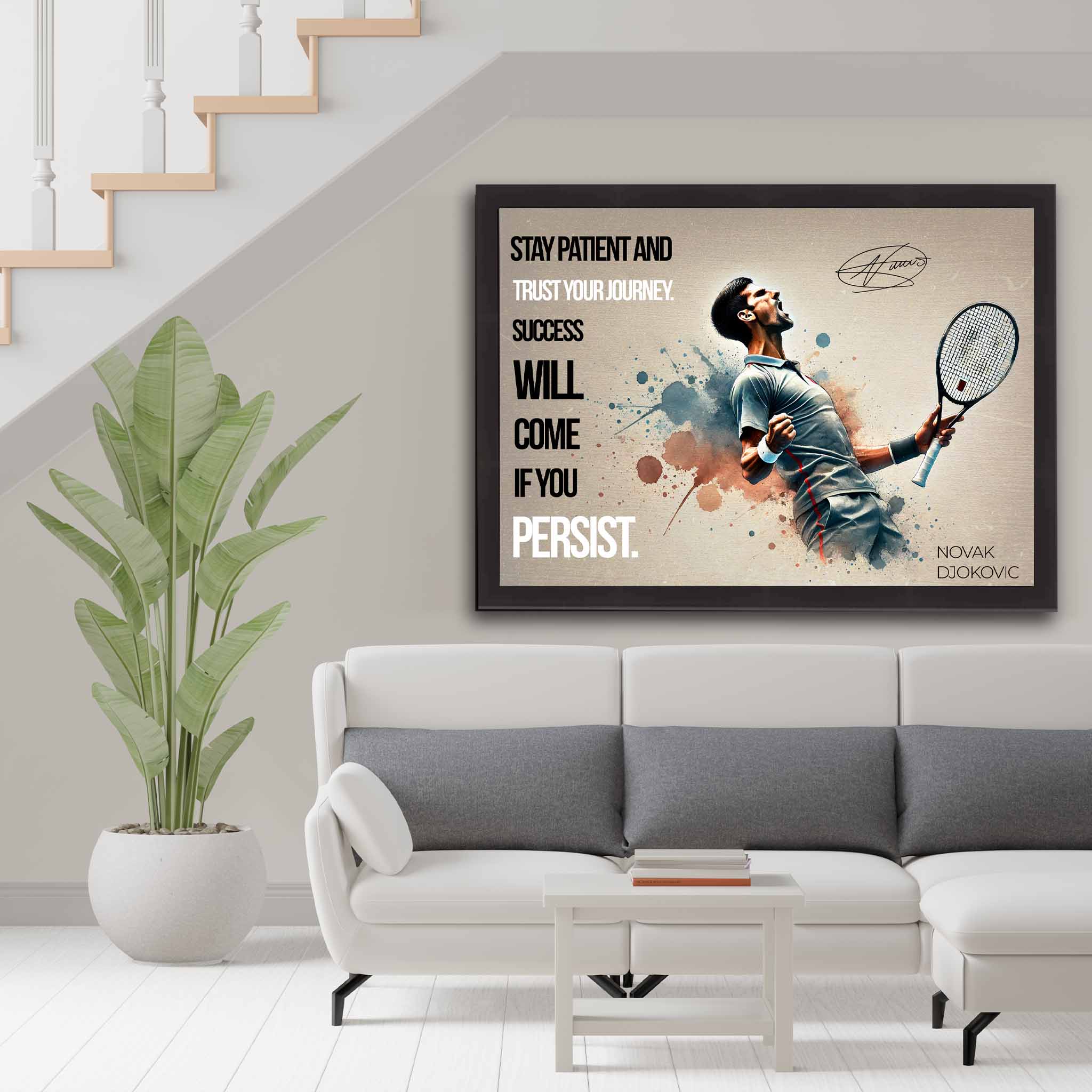 Devoted Tennis fan's tribute: Novak Djokovic framed art proudly displayed on the wall.