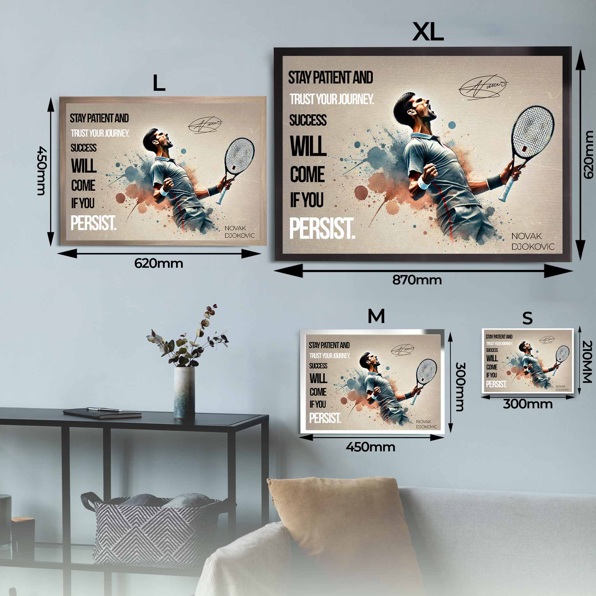 Novak Djokovic Triumph in Motion Framed Art Sizing Guide.