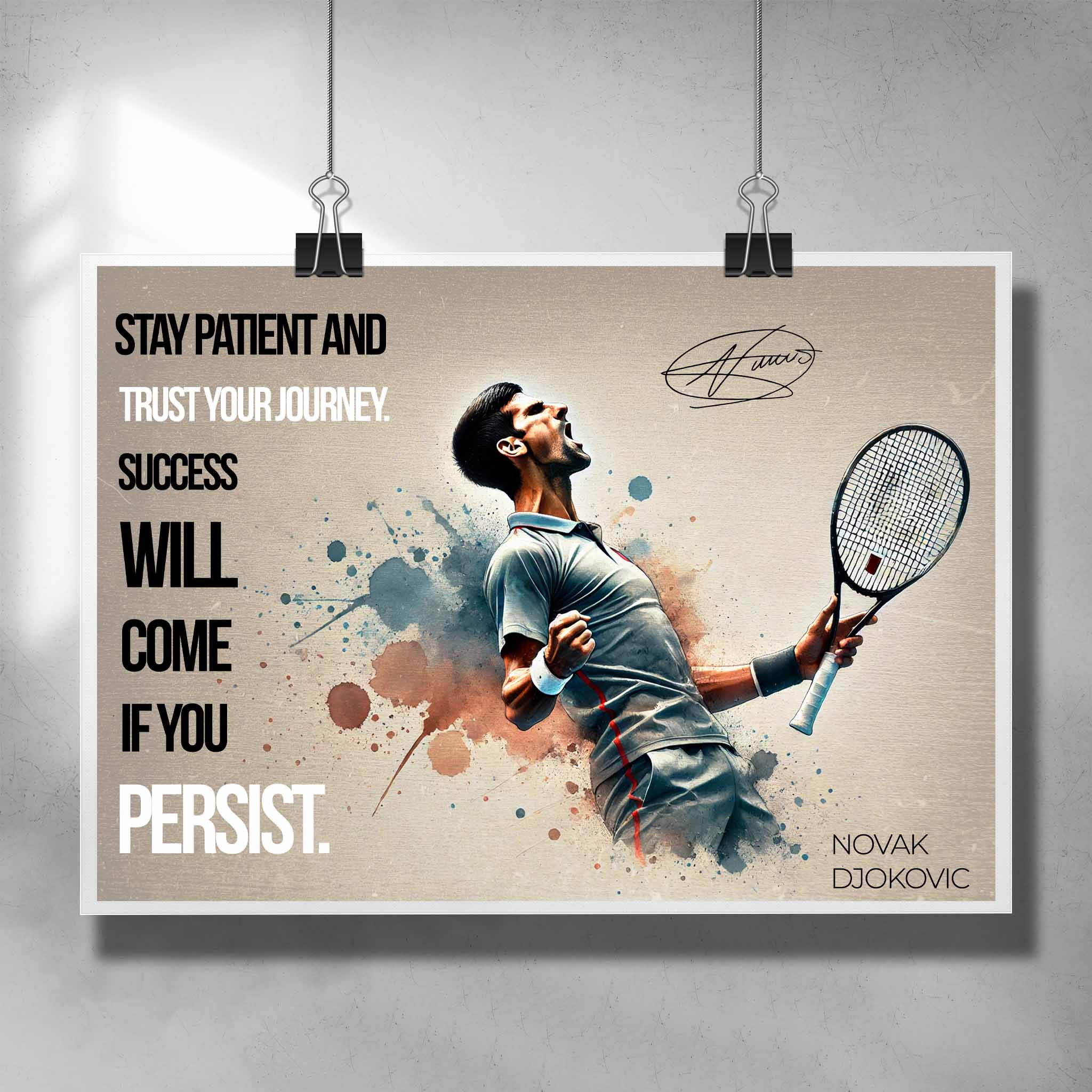 Motivational quote poster by Sports Cave featuring the legend Novak Djokovic.