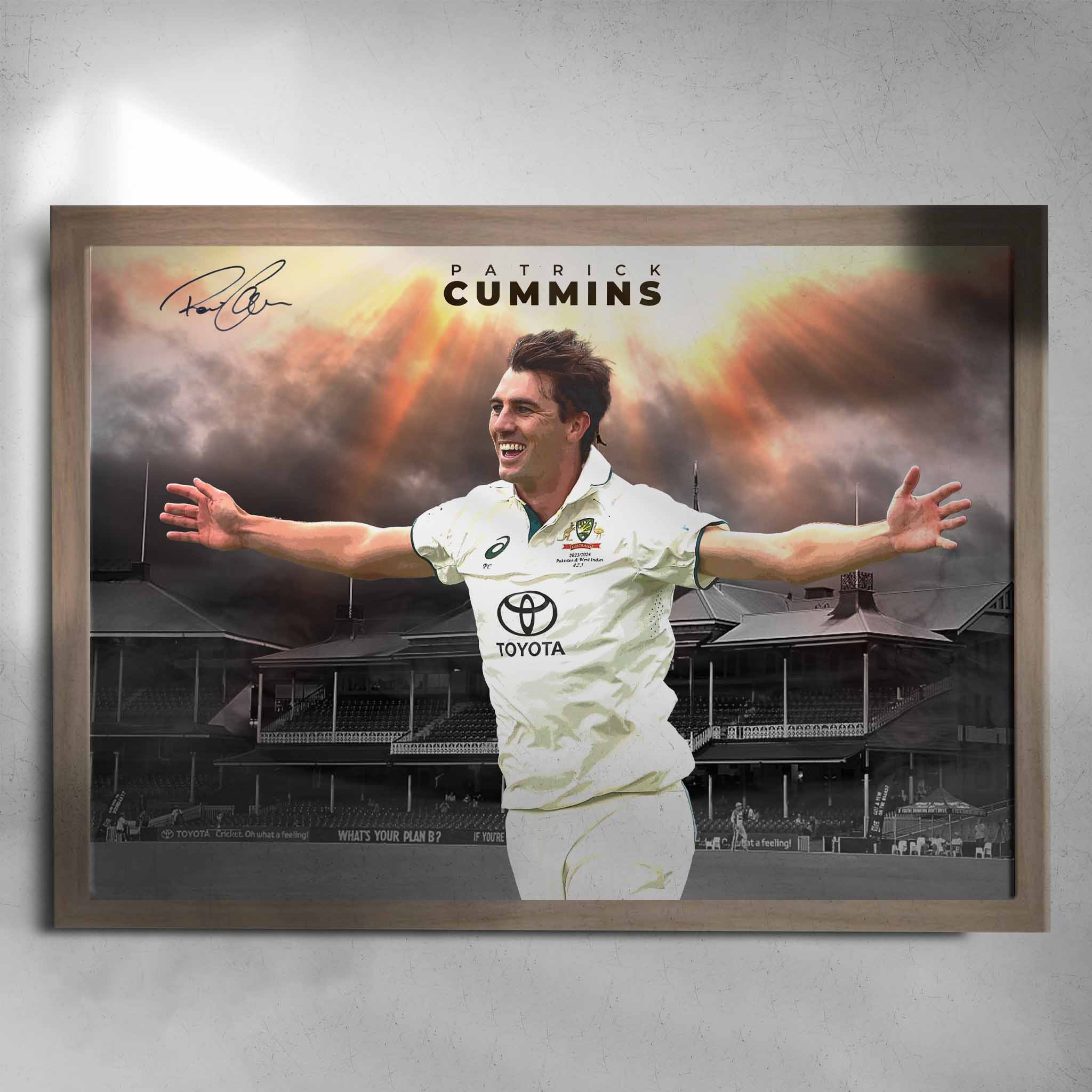 Oak framed cricket art by Sports Cave, featuring Patrick Cummins the Australian Test Captain.