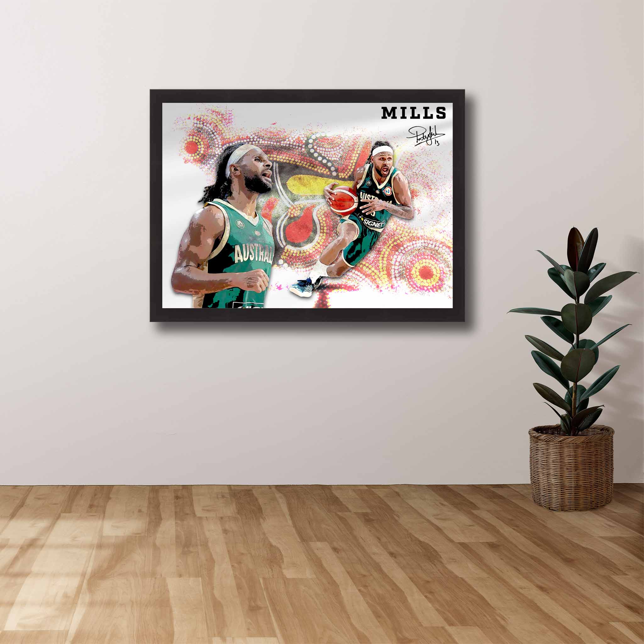 Devoted Australian Boomers fan's tribute: Patty Mills framed art proudly displayed on the wall.