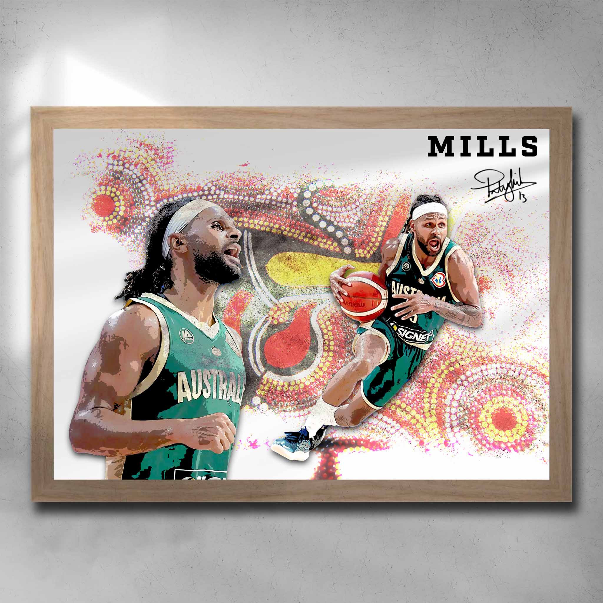 Oak framed basketball art by Sports Cave featuring Patty Mills from the Australian Boomers