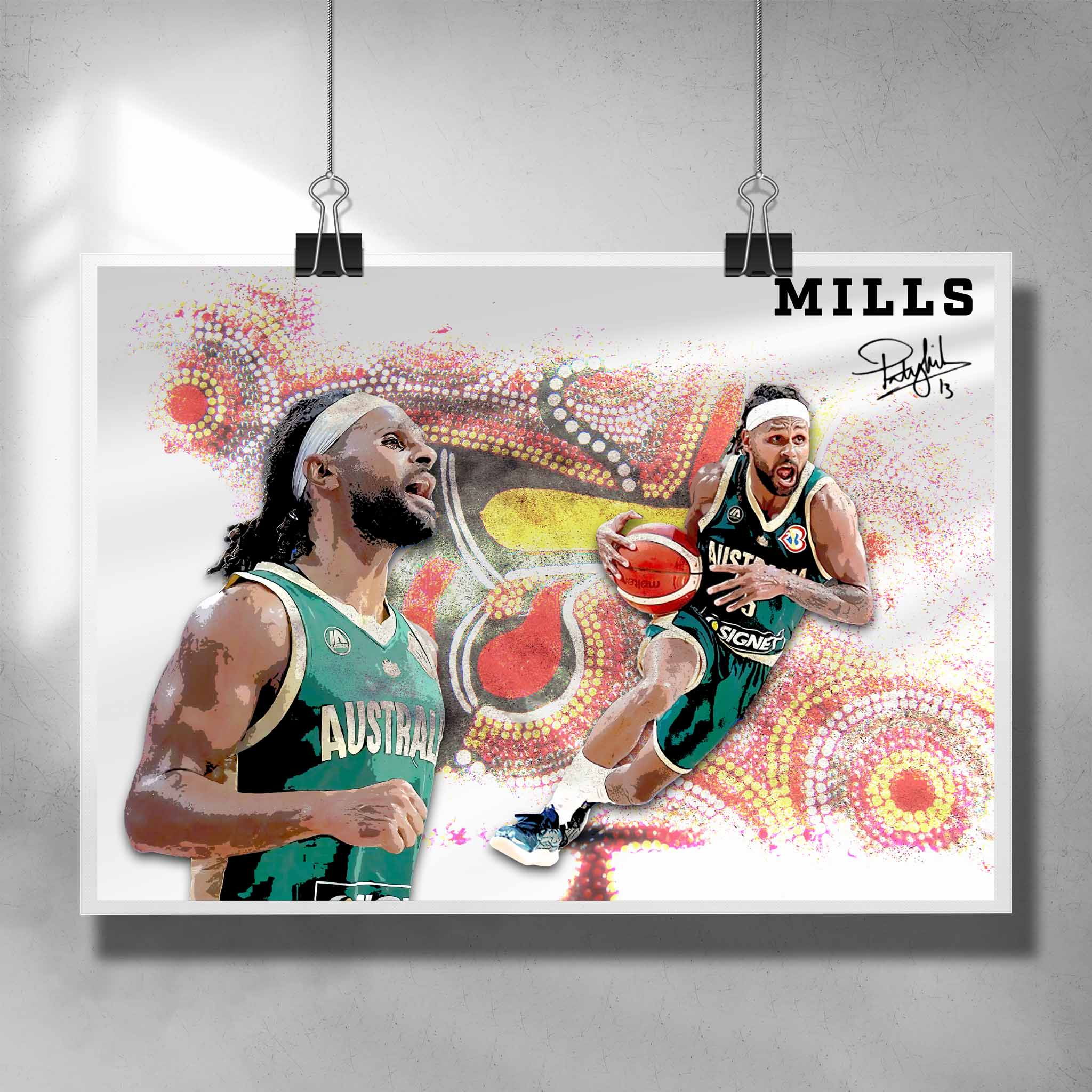 Unique aboriginal basketball poster by Sports Cave featuring Patty Mills from the Australian Boomers