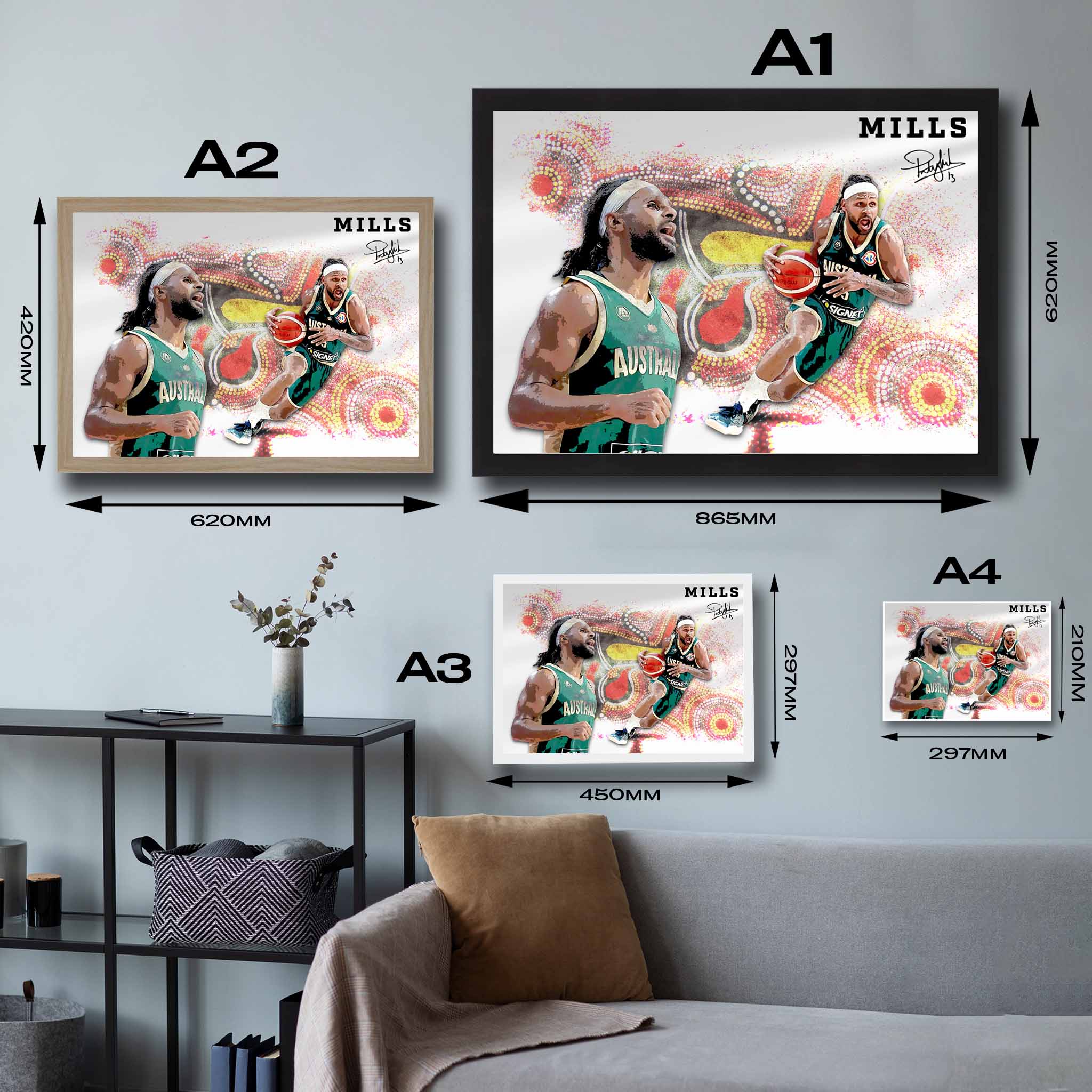 Visual representation of Patty Mills framed art size options, ranging from A4 to A2, for selecting the right size for your space.