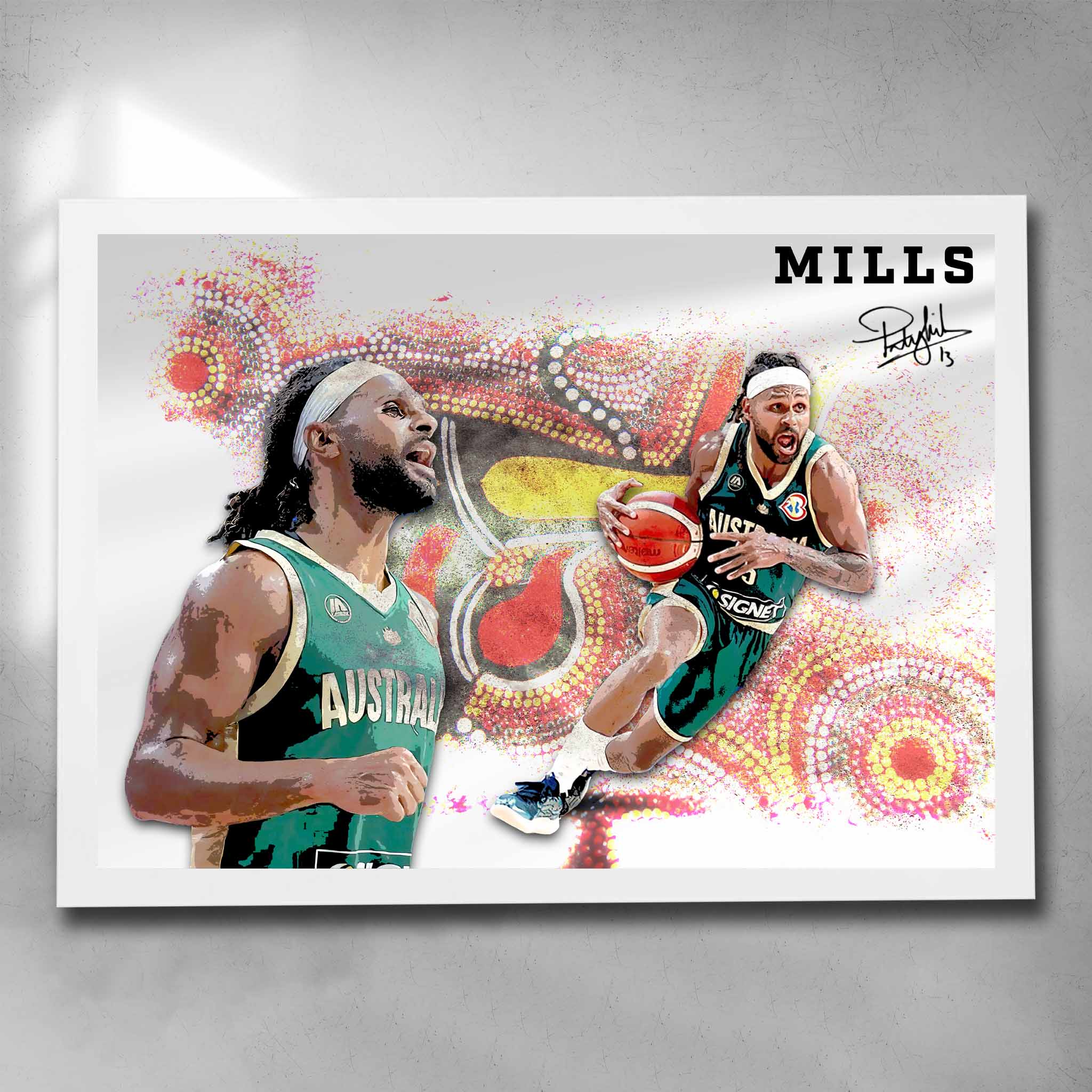 White framed basketball art by Sports Cave featuring Patty Mills from the Australian Boomers