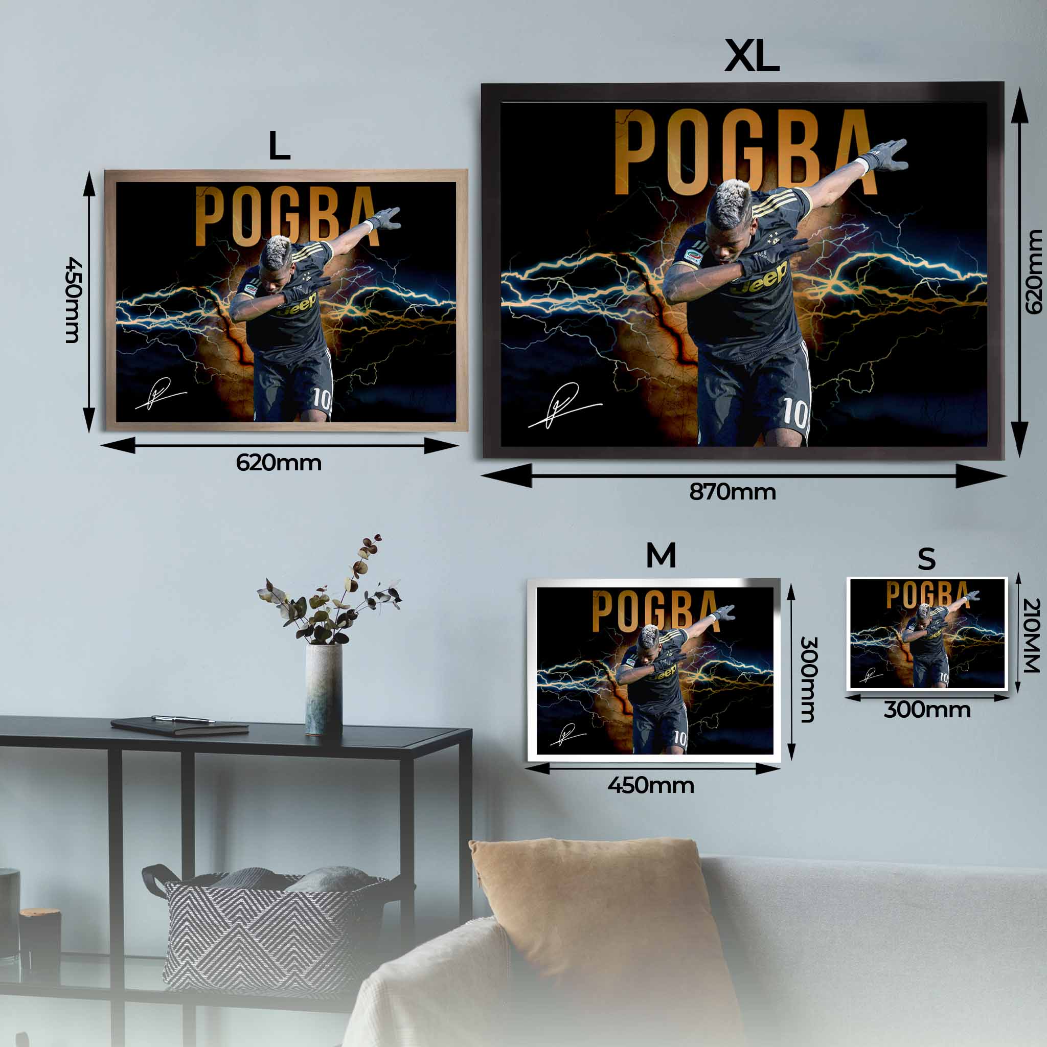 Paul Pogba Dab Football Art Sizing Guide - Black Framed Poster Dimensions for Home Decor.