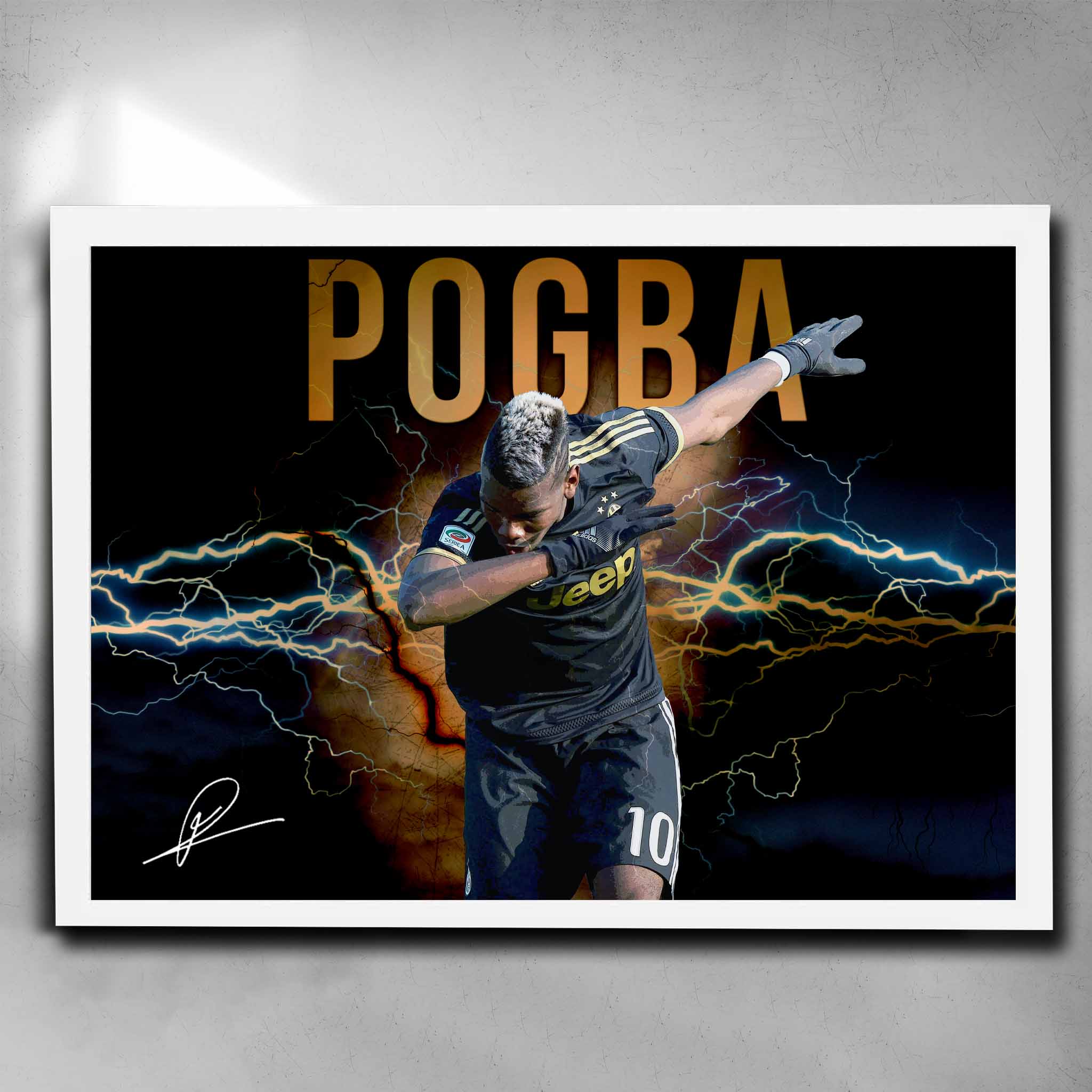 Paul Pogba Dab Celebration White Framed Poster - Premium Football Wall Art for Man Cave Decor by Sports Cave.