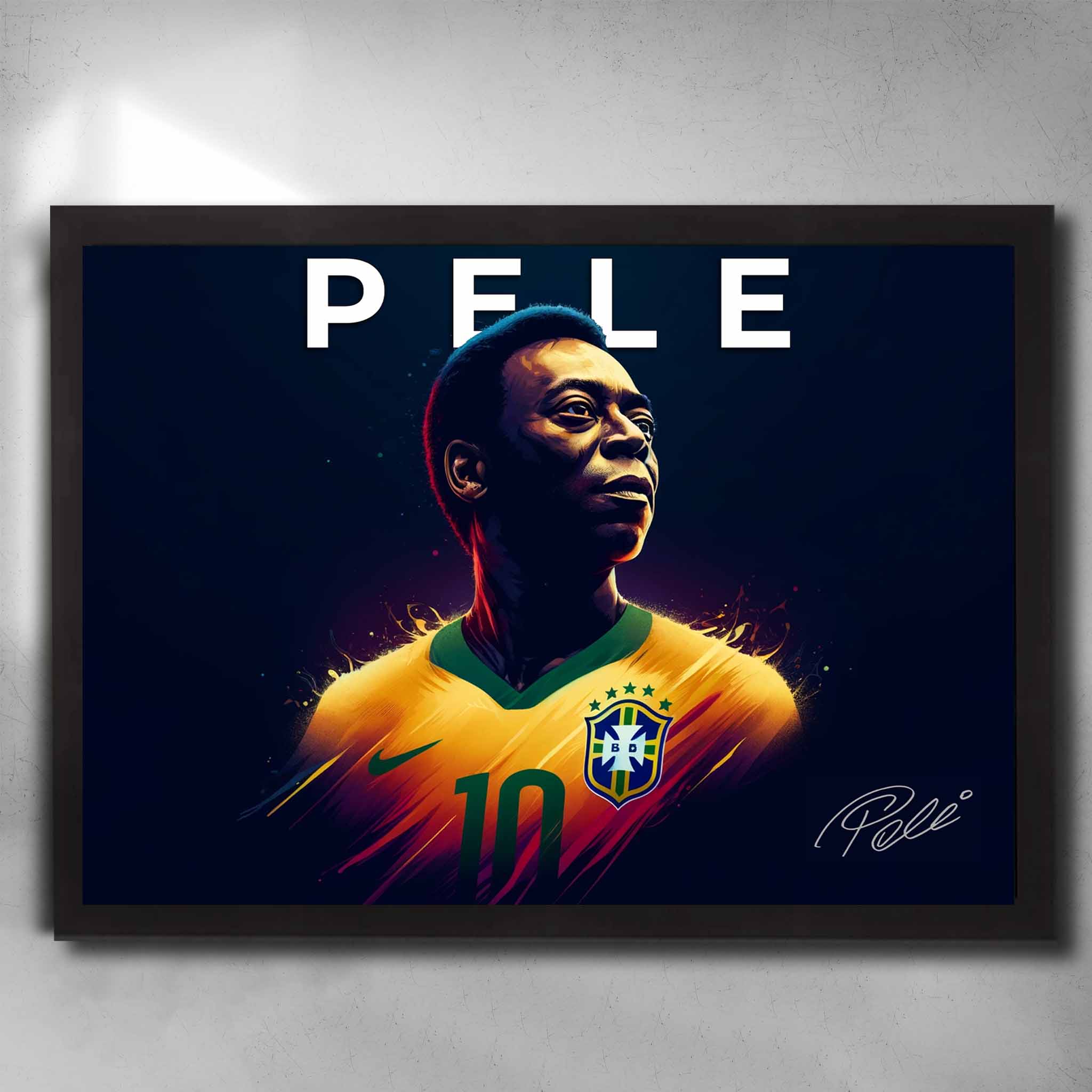 Black framed soccer art by Sports Cave, featuring football legend Pele from Brazil.