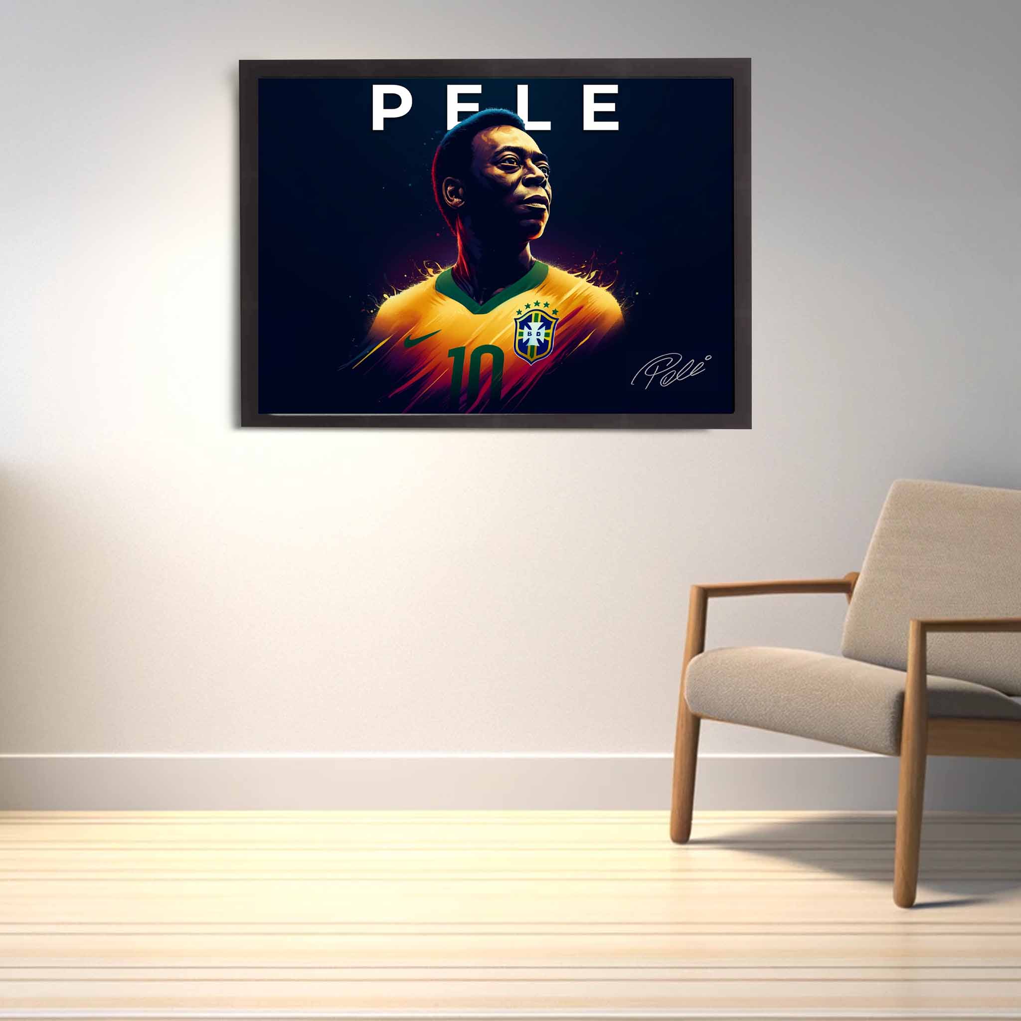 Devoted Brazilian Soccer fan's tribute: Pele framed art proudly displayed on the wall.