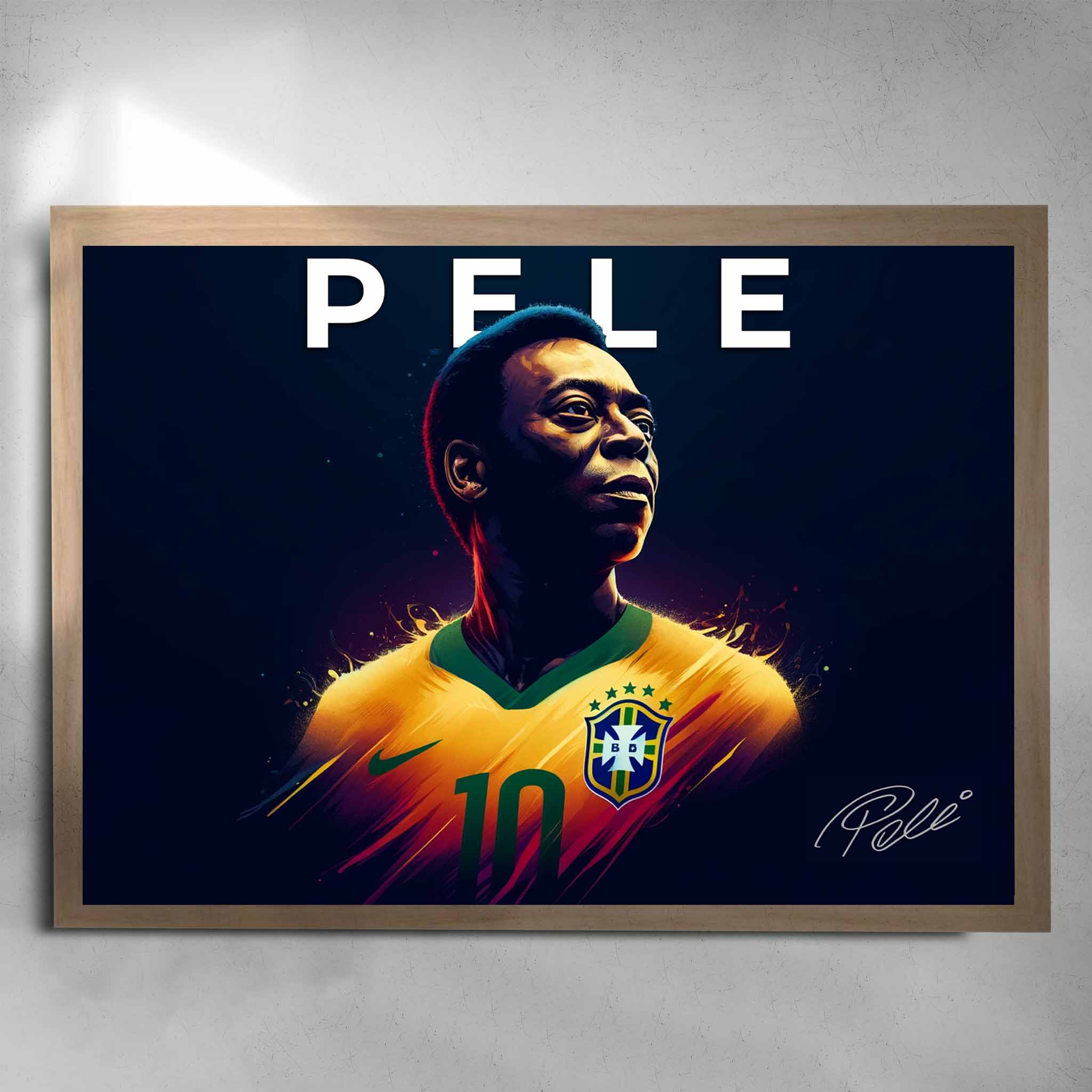 Oak framed soccer art by Sports Cave, featuring football legend Pele from Brazil.