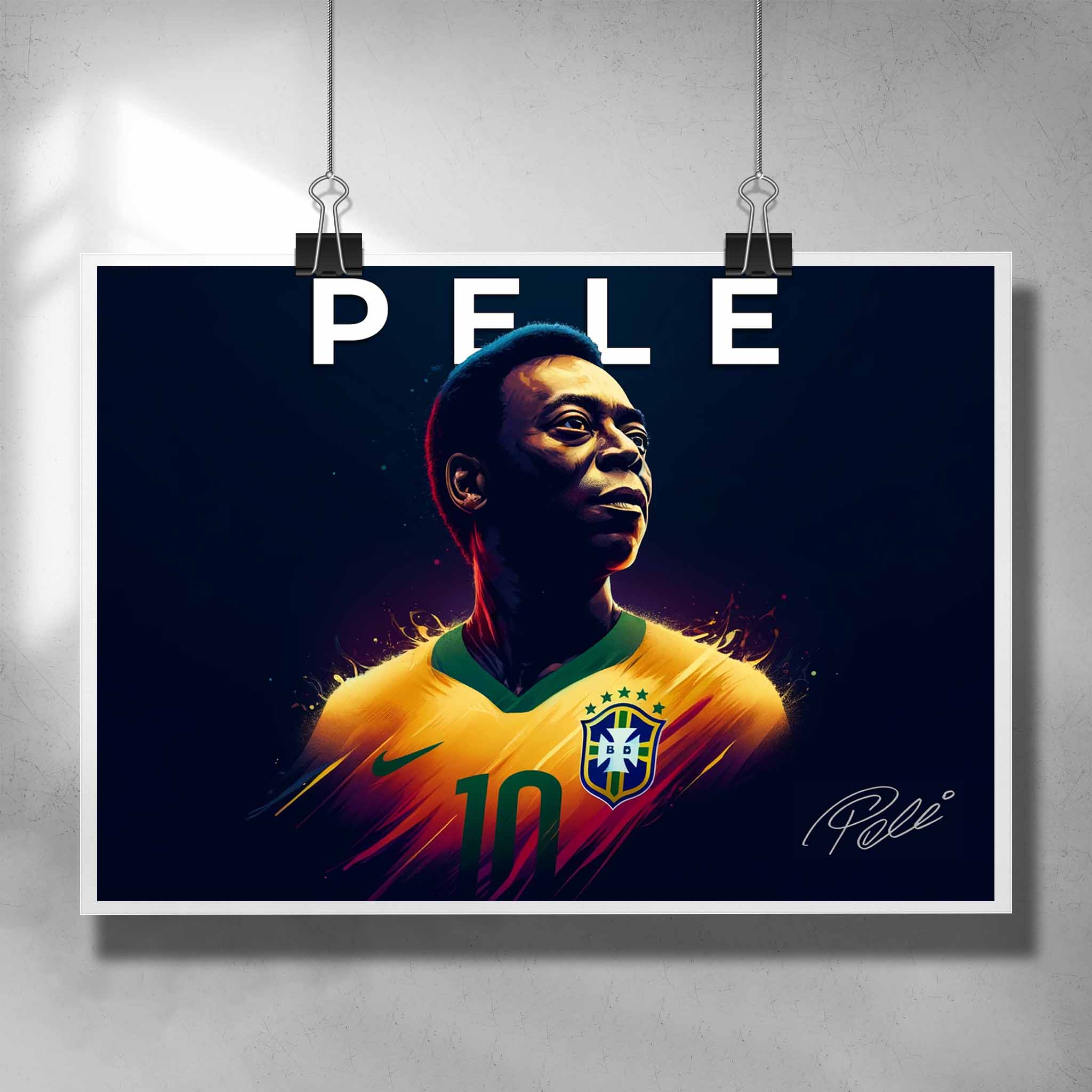 Unique soccer poster by Sports Cave, featuring football legend Pele from Brazil.