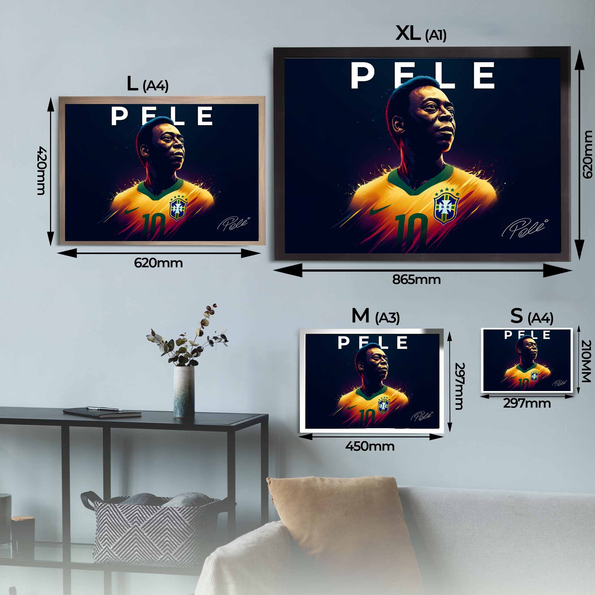 Visual representation of Pele framed art size options, ranging from A4 to A1, for selecting the right size for your space.