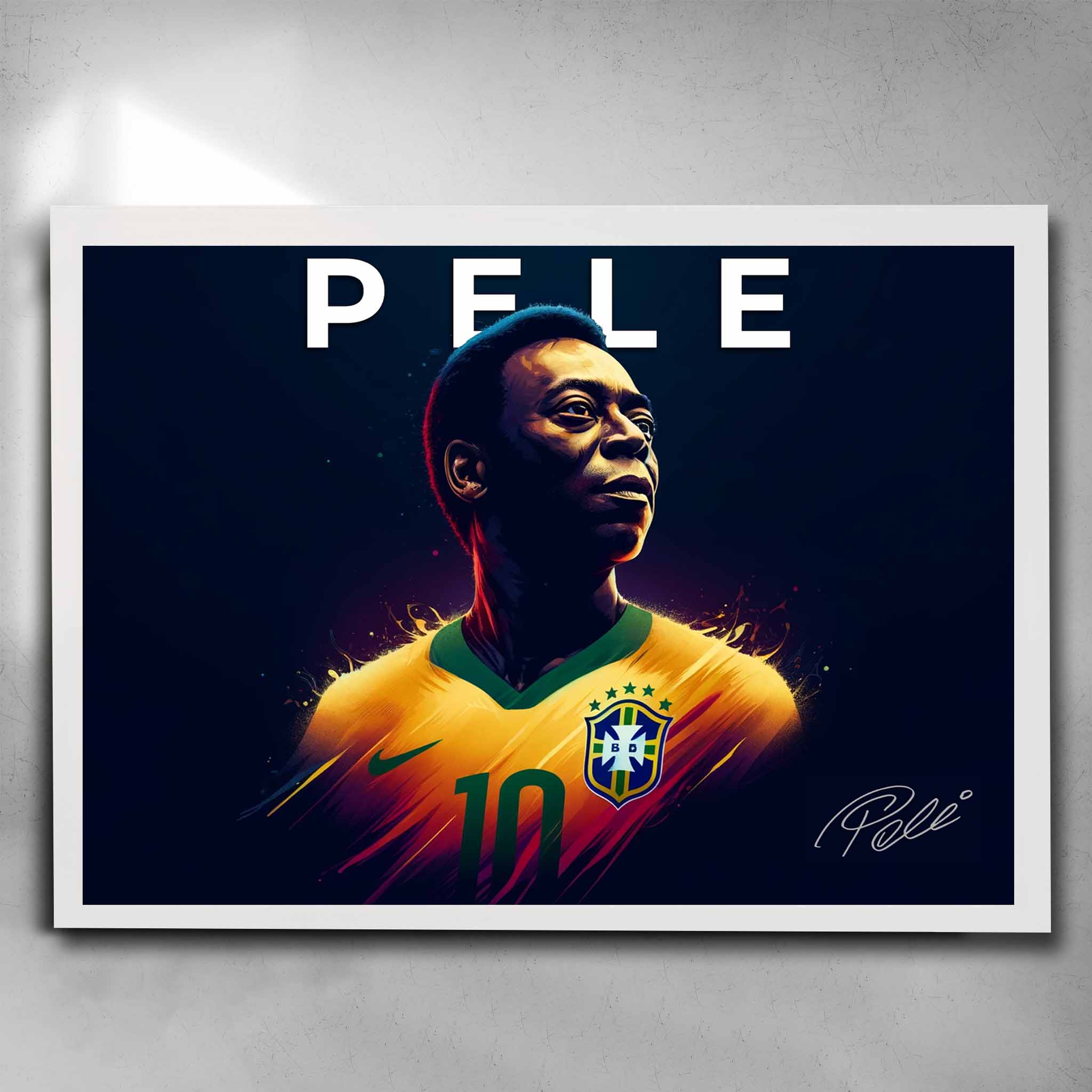 White framed soccer art by Sports Cave, featuring football legend Pele from Brazil.