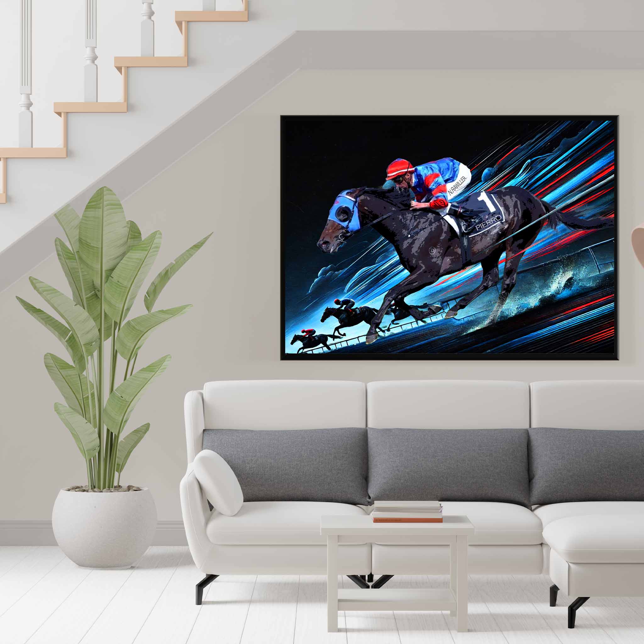 Racing fan with a framed print of racehorse Pierro used as home decor.