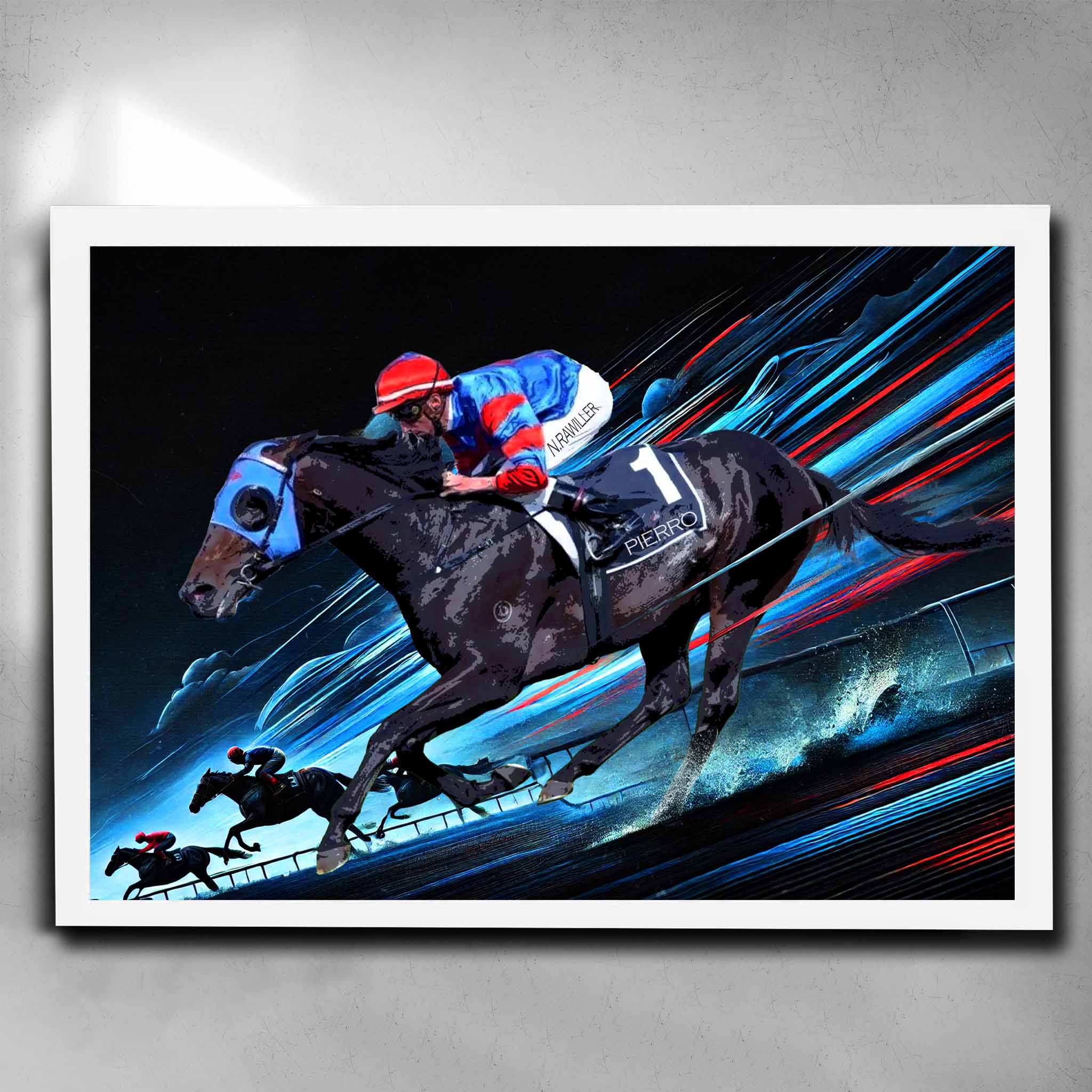 White framed horse racing poster featuring the Gai Waterhouse trained Pierro.