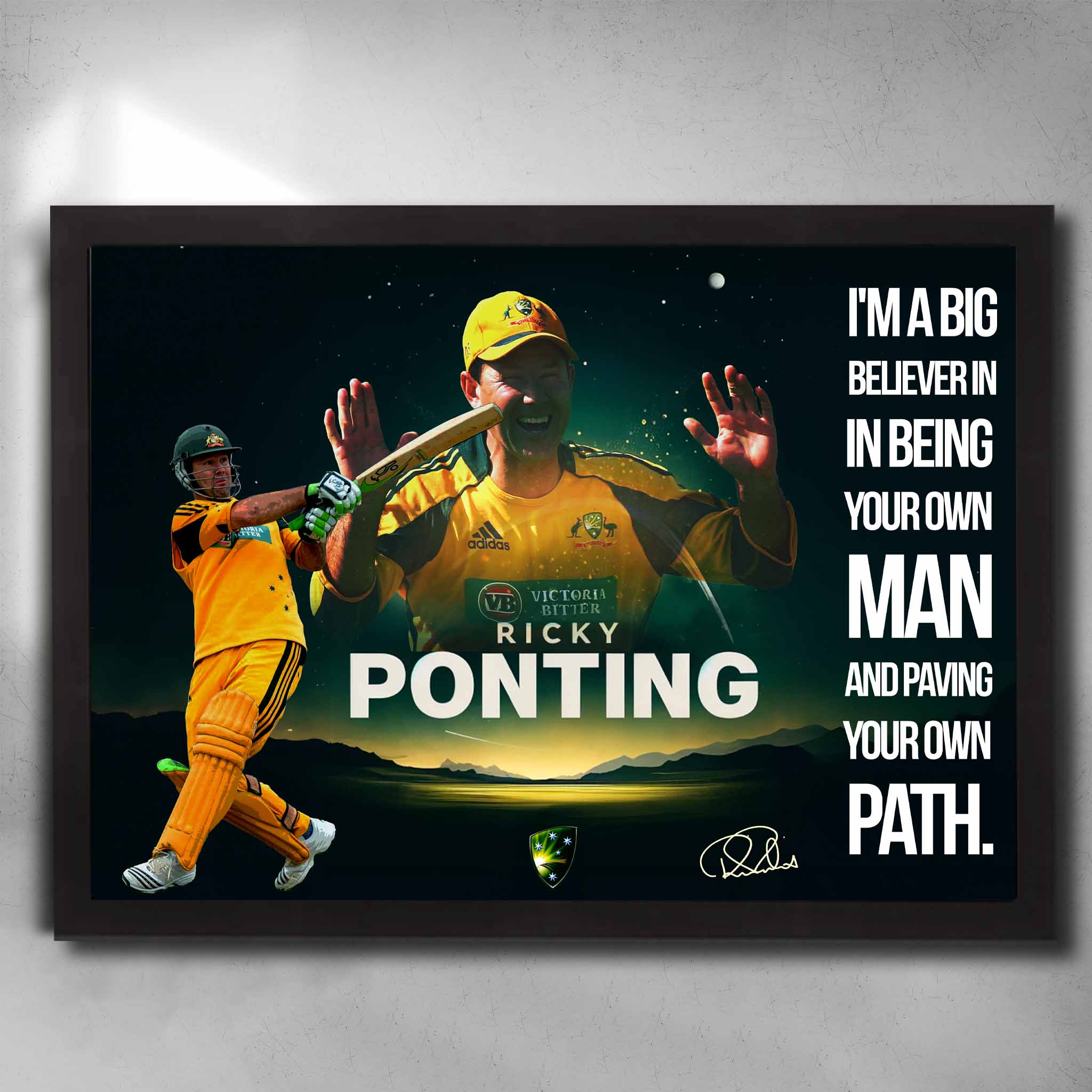 Black framed cricket art by Sports Cave featuring Australian captain Ricky Ponting.