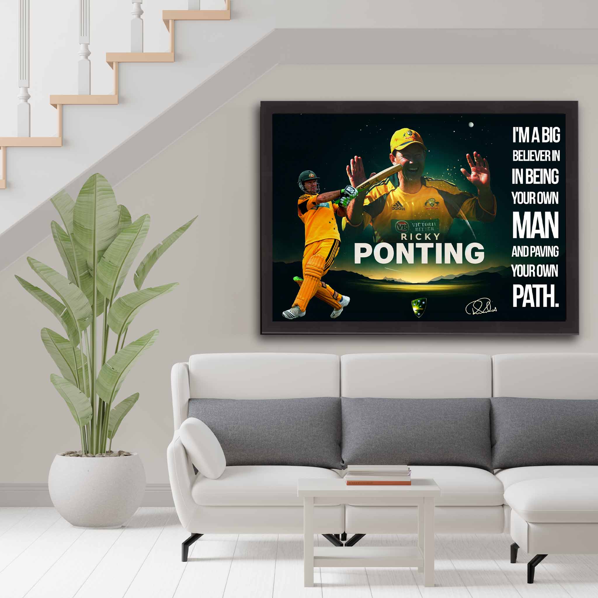 Australian cricket Supporters House, featuring a framed print of Ricky Ponting showcased on the wall.