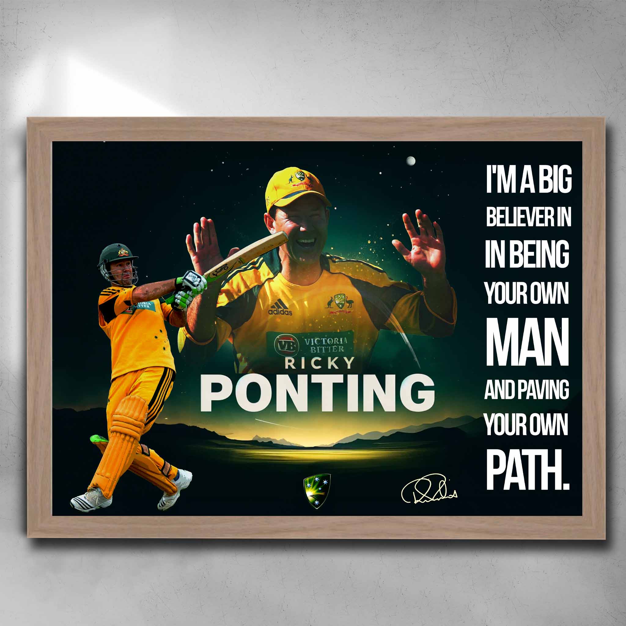 Oak framed cricket art by Sports Cave featuring Australian captain Ricky Ponting.