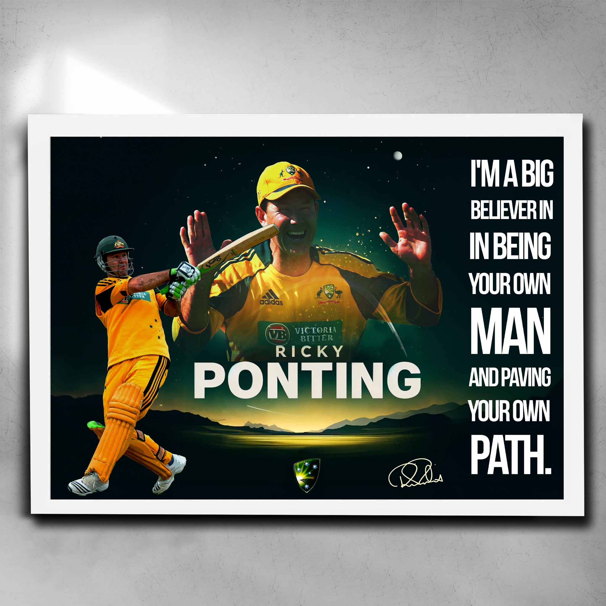 White framed cricket art by Sports Cave featuring Australian captain Ricky Ponting.