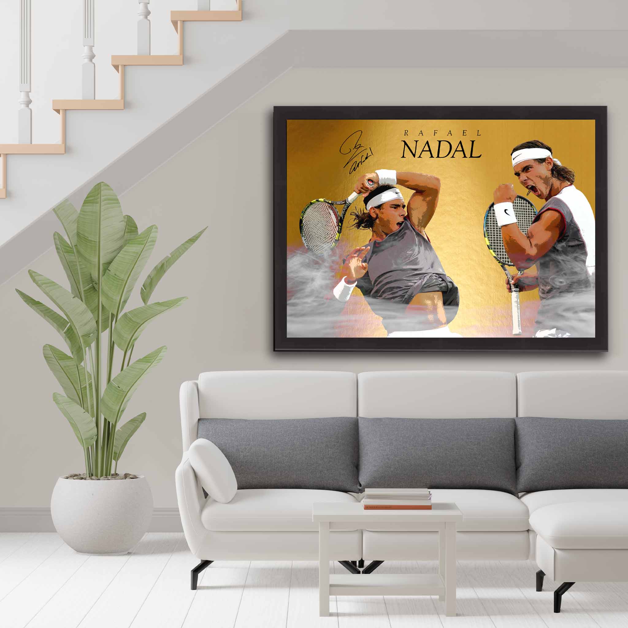 Framed Rafael Nadal Tennis Art poster displayed in a modern living room setting. The poster features Nadal in two iconic action poses, with a golden background and his signature. Perfect decor for tennis fans.