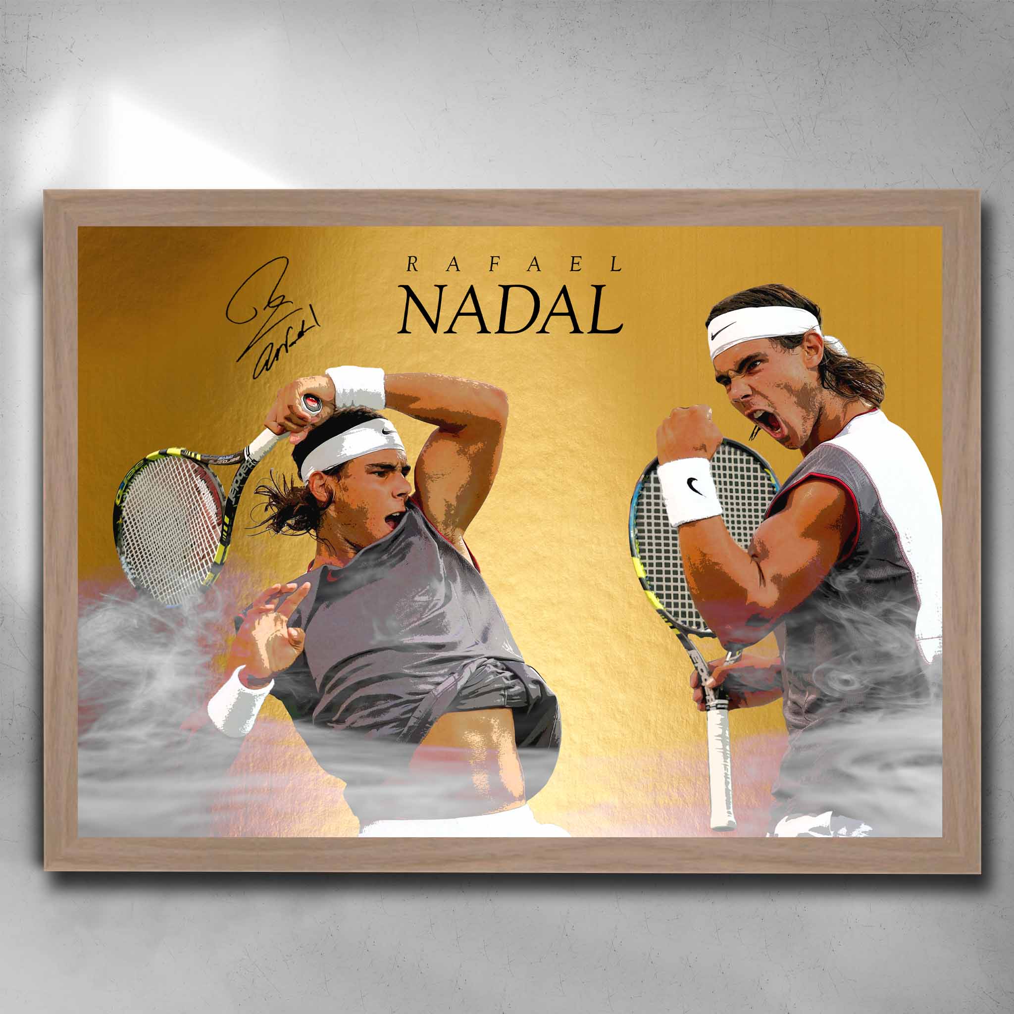 Oak framed Rafael Nadal Tennis Art by Sports Cave.