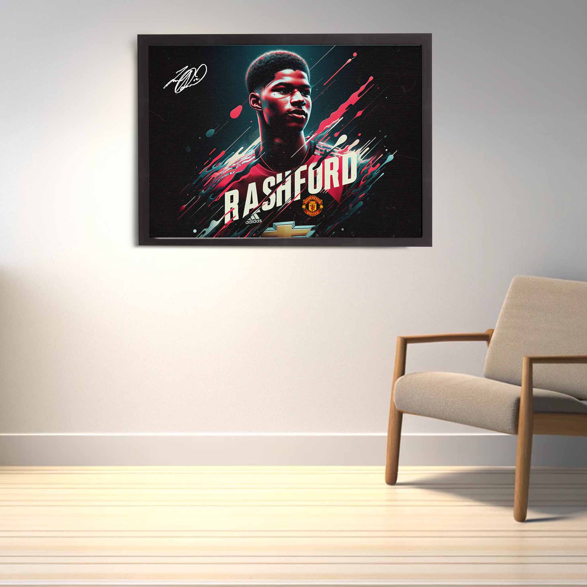 Devoted Manchester United fan's tribute: Marcus Rashford framed art proudly displayed on the wall.