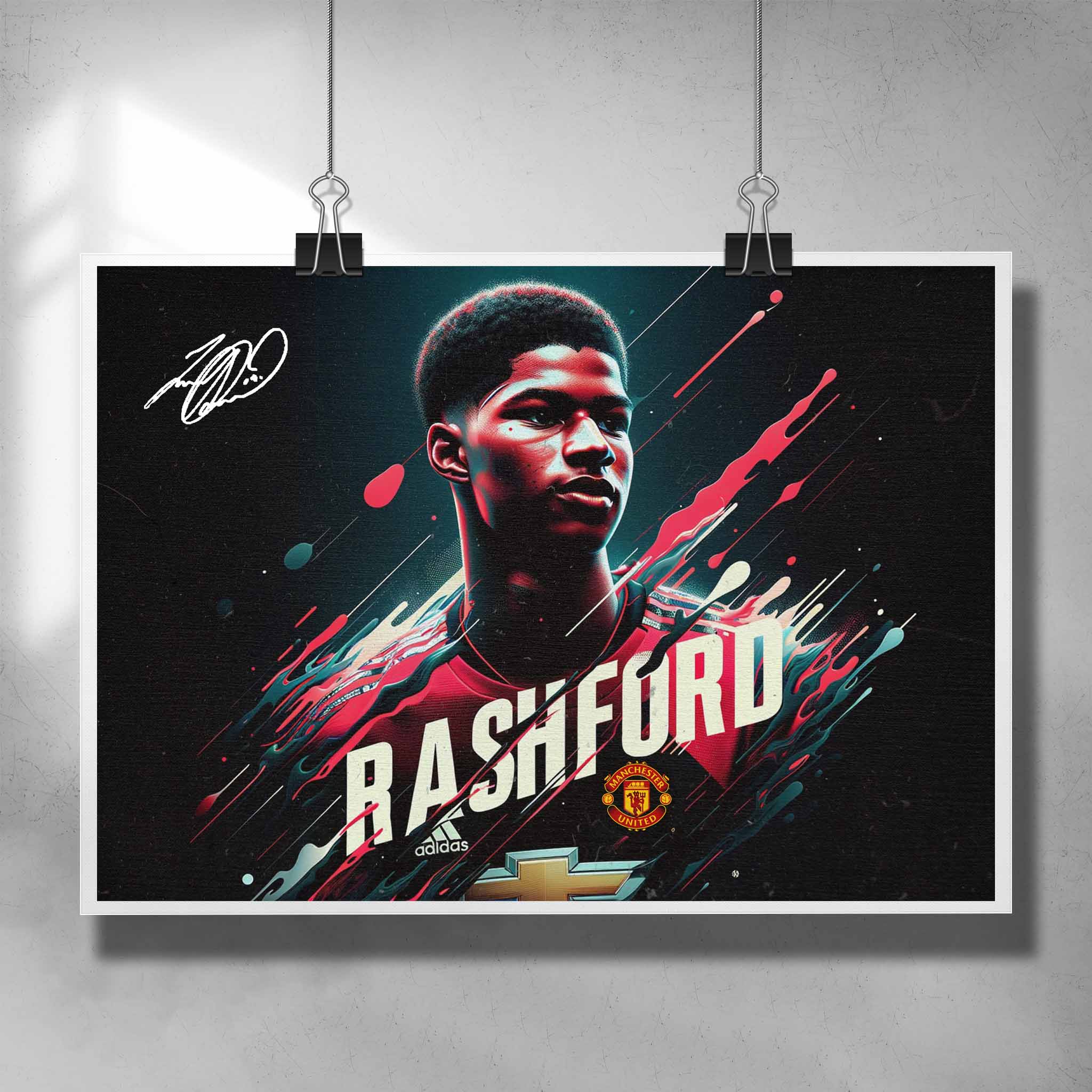 Unique Manchester United Poster by Sports Cave, featuring soccer player Marcus Rashford.