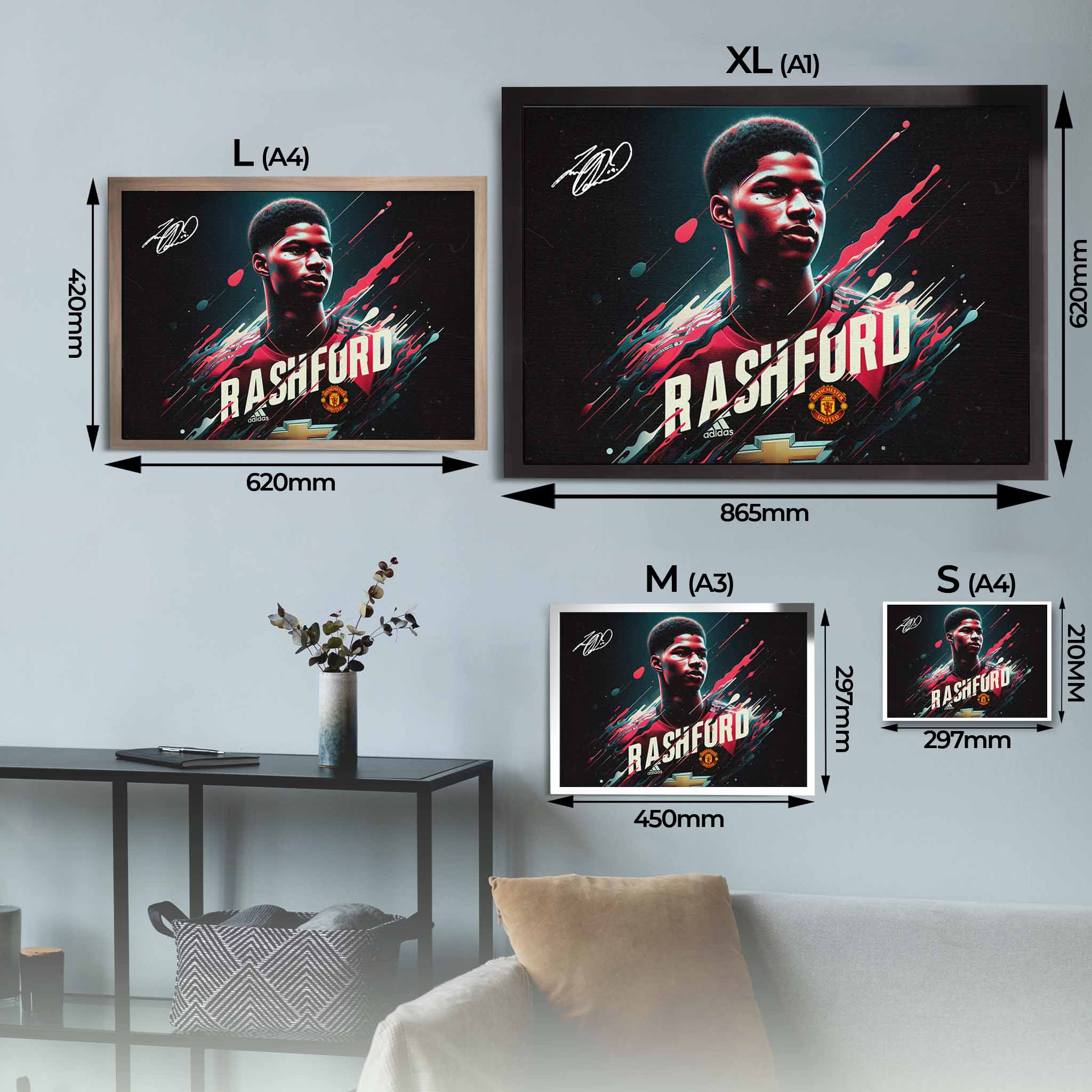 Marcus Rashford Wall Decor Framed Poster Sizing Guide.