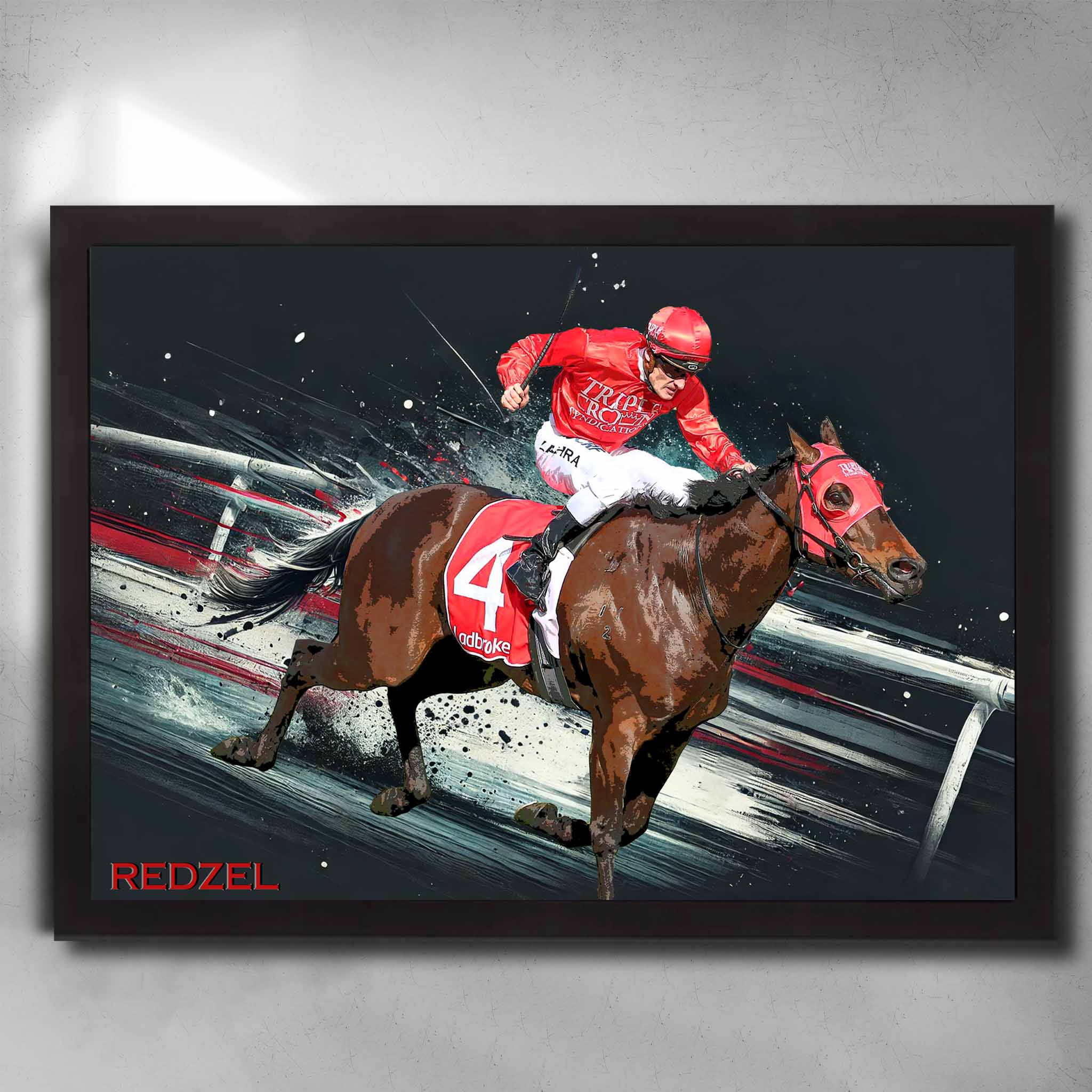 Black framed horse racing art by Sports Cave, featuring the back to back Everest champion Redzel.